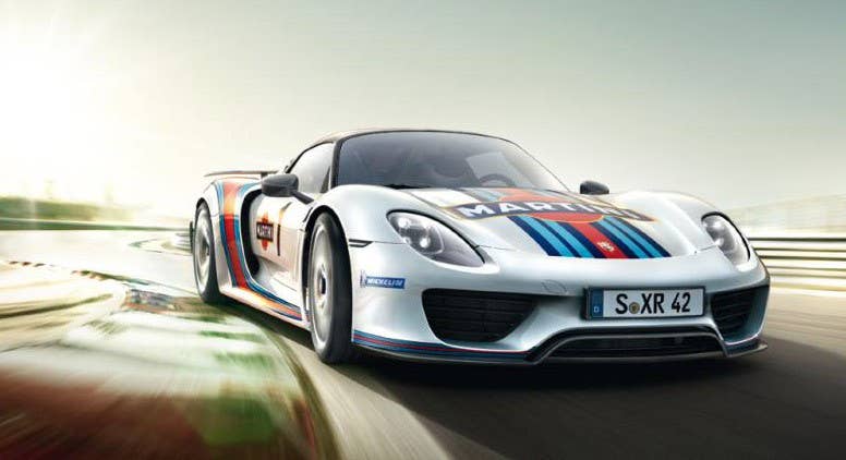 Porsche 918 Spyder brochure showing the Martini Livery wrap