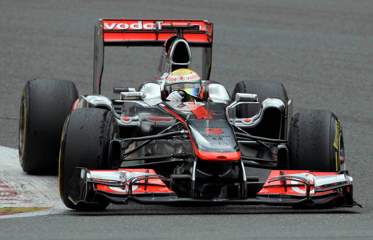 McLaren Mercedes driver Lewis Hamilton of Britain steers his car during  the Belgian F1 Grand Prix at the Spa-Francorchamps circuit in Spa-Francorchamps, Belgium, Sunday, Aug. 28, 2011.   (AP Photo/Frank Augstein)