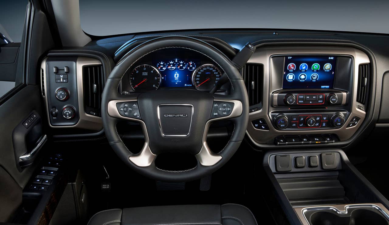 Sticker Price: $51,465 Invoice Price: $47,862 Fuel Economy: 16 mpg City, 22 mpg Highway  GMC's Denali-specific interior turns a hard working truck into a luxury vehicle. Details include script on the bright door sills and embossed into the front seats and real aluminum trim. The leather seats have both heated and cooled settings and the steering wheel is leather-clad, as well. The cabin itself is whisper quiet, which is unusual for such a big truck. Drivers are greeted by a high tech interior that contains a completely customizable, 8-inch digital display sits just behind the steering wheel. It can include any information a driver could want, from navigation to audio settings to your basic instrument panel. This is an excellent option for drivers who want a little more refinement and a little less cowboy in their trucks.  Research the GMC Sierra Denali GMC Sierra Denali Overview GMC Sierra Denali Photos & Video Local Dealer Price Quote