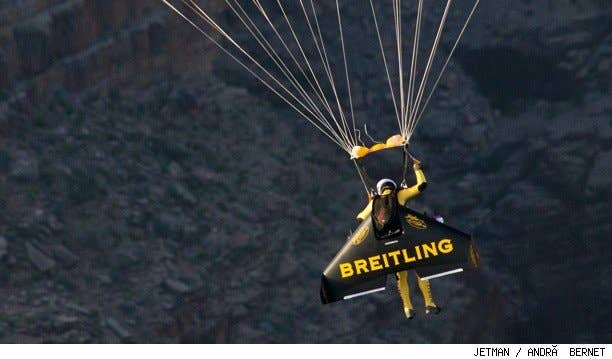 Jetman Yves Rossy flys his jetwing over the Grand Canyon.