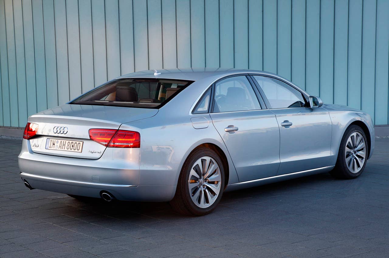 2012 Audi A8 Hybrid rear 3/4 view