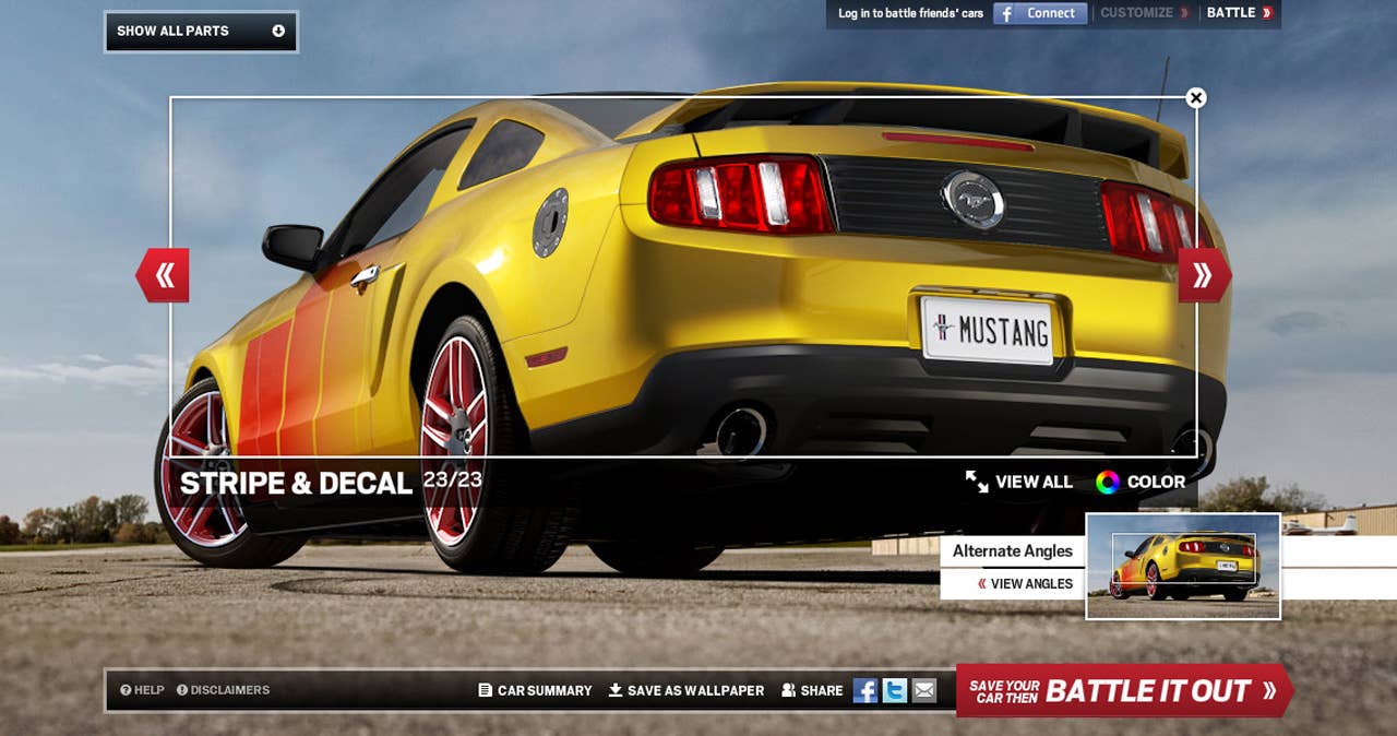 Ford is putting designing Mustangs back in the hands of enthusiasts with a new customizer website that features the 2012 Mustang. Ford has relaunched the site at www.fordvehicles.com/mustang to let Mustang enthusiasts take advantage of the classic design with limitless possibilities. The original customizer site featured the 2010 Mustang and generated the creation of more than 1 million cars. (9/15/2011)