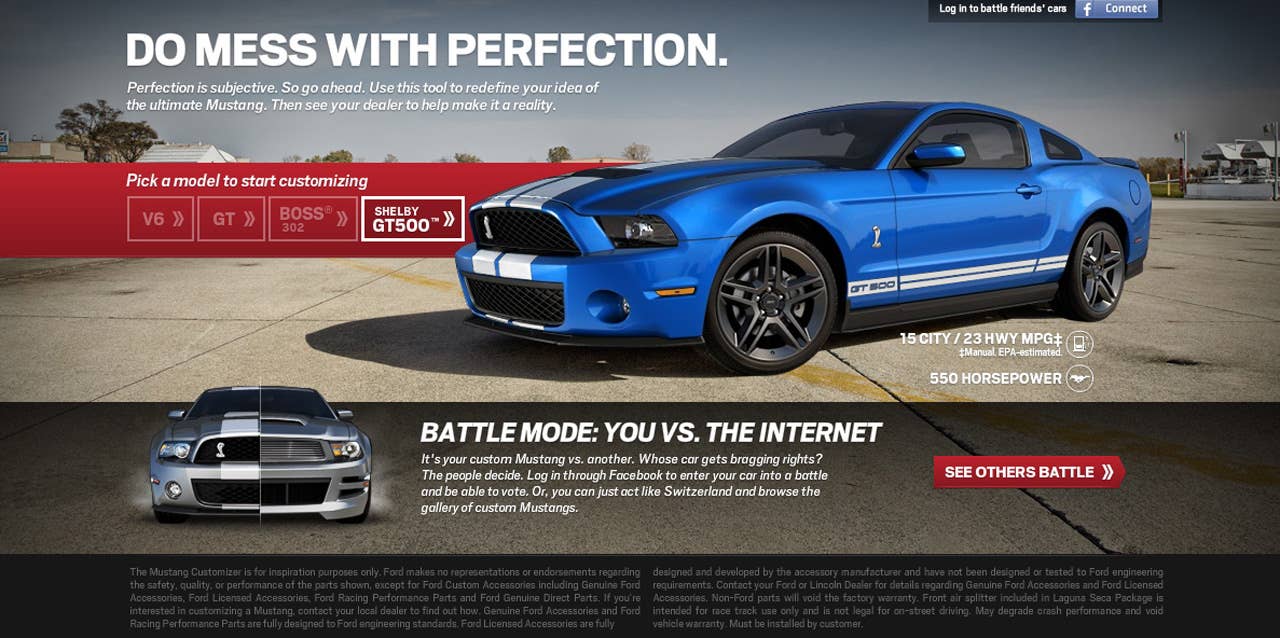 Ford is putting designing Mustangs back in the hands of enthusiasts with a new customizer website that features the 2012 Mustang. Ford has relaunched the site at www.fordvehicles.com/mustang to let Mustang enthusiasts take advantage of the classic design with limitless possibilities. The original customizer site featured the 2010 Mustang and generated the creation of more than 1 million cars. (9/15/2011)