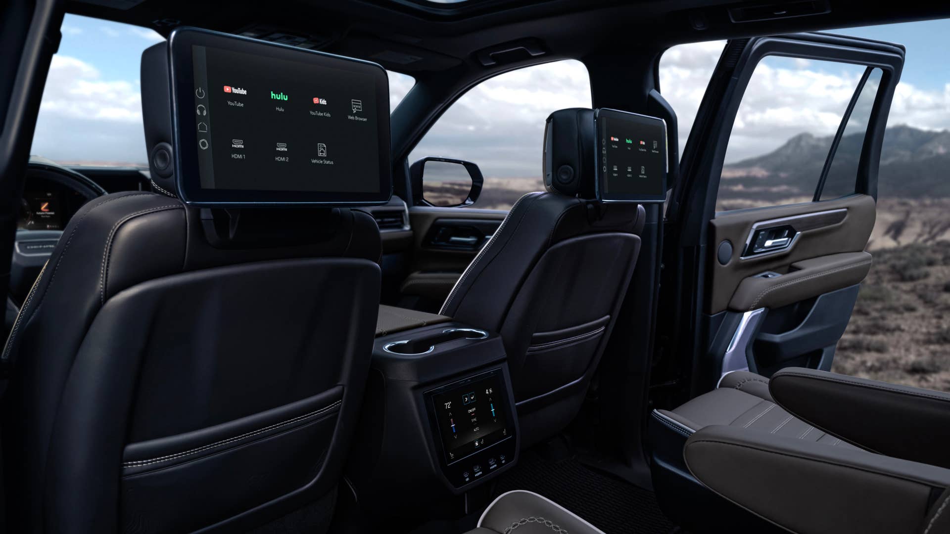 Interior view of the 2025 GMC Yukon Denali Ultimate from 2nd Row Executive Seating.