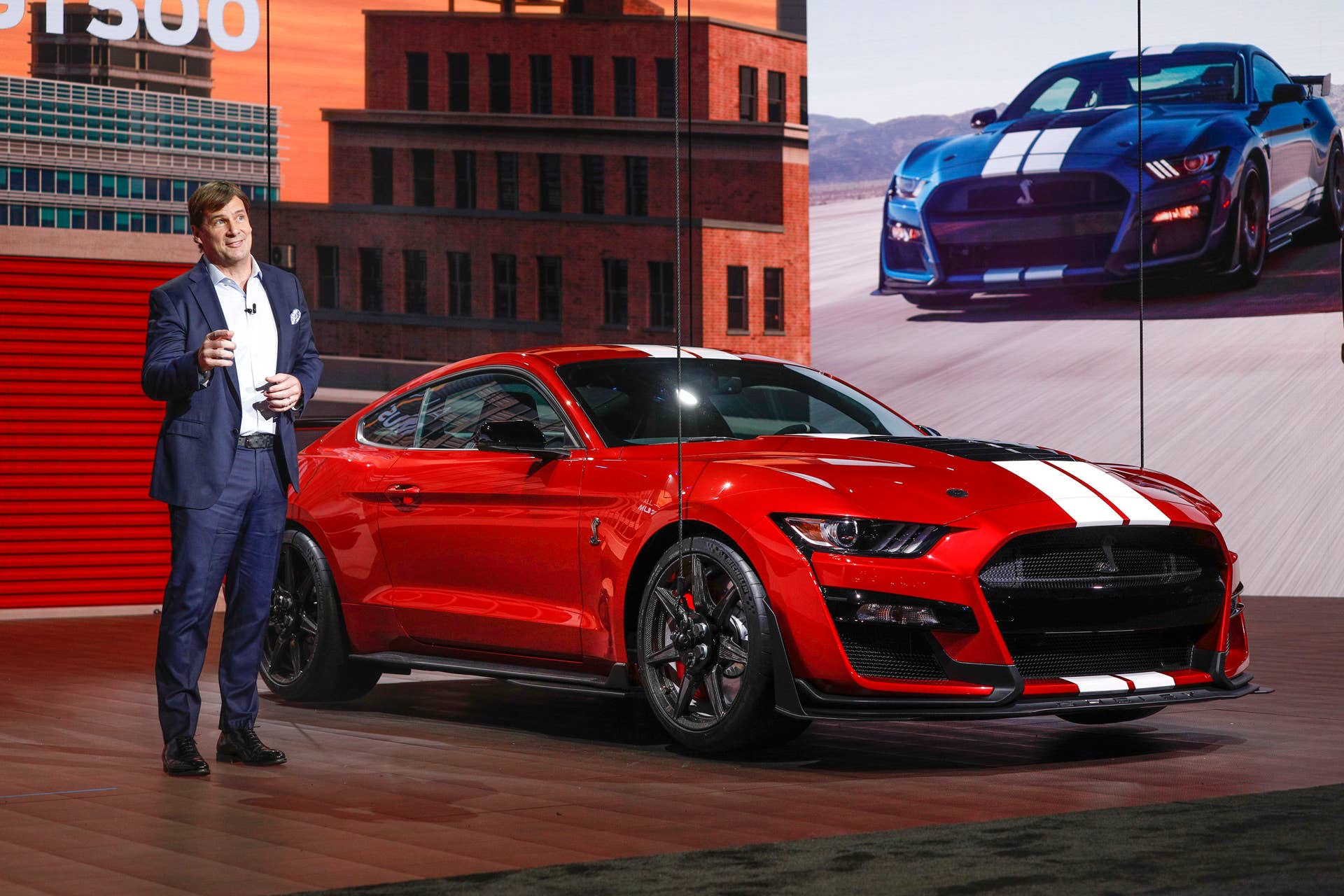 DETROIT, MI -JANUARY 14: Jim Farley, Ford Motor Company Executive Vice President and President of Global Markets, reveals the 2020 Ford Mustang Shelby GT 500 at the 2019 North American International Auto Show during Media preview days on January 14, 2019 in Detroit, Michigan. More than 5,000 credentialed journalists from around the world attend the Media preview. The 2019 NAIAS features more than 750 vehicles on display and approximately 800,000 people are expected to attend. The show is open to the public on January 19-27. (Photo by Bill Pugliano/Getty Images)