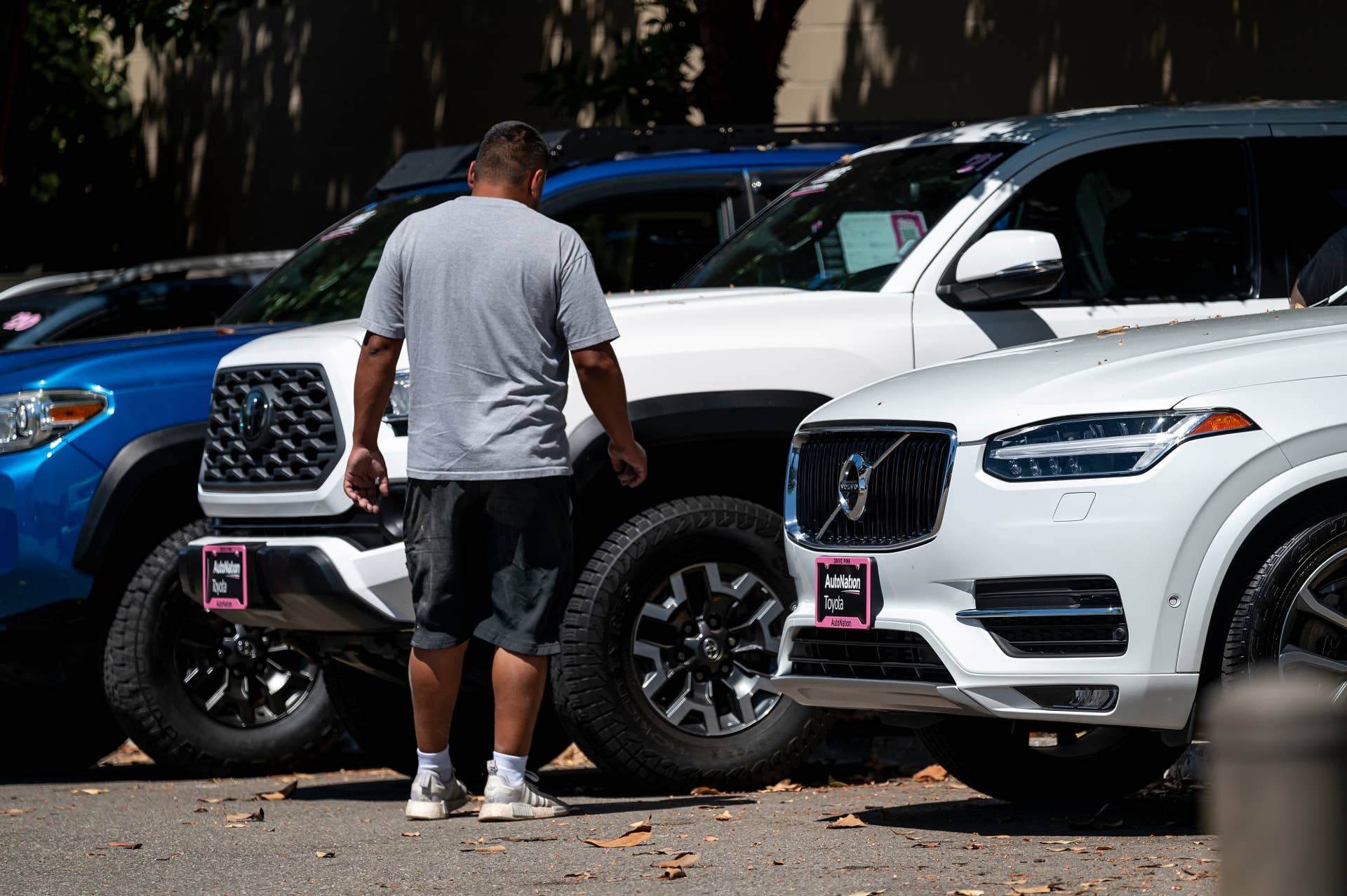 A customer looks at vehicles for sale at an AutoNation Toyota dealership