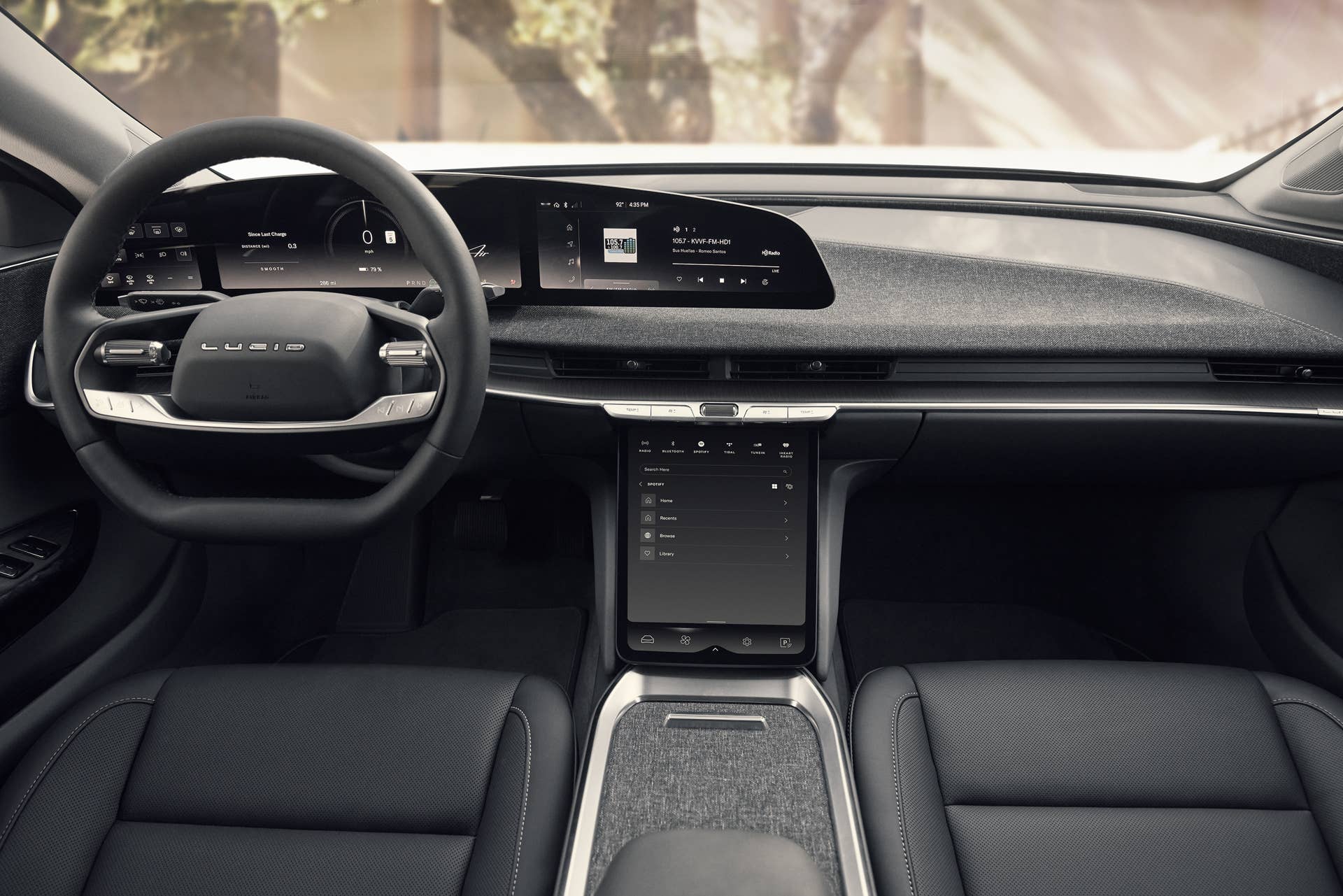 The Lucid Air Pure's steering wheel and dashboard