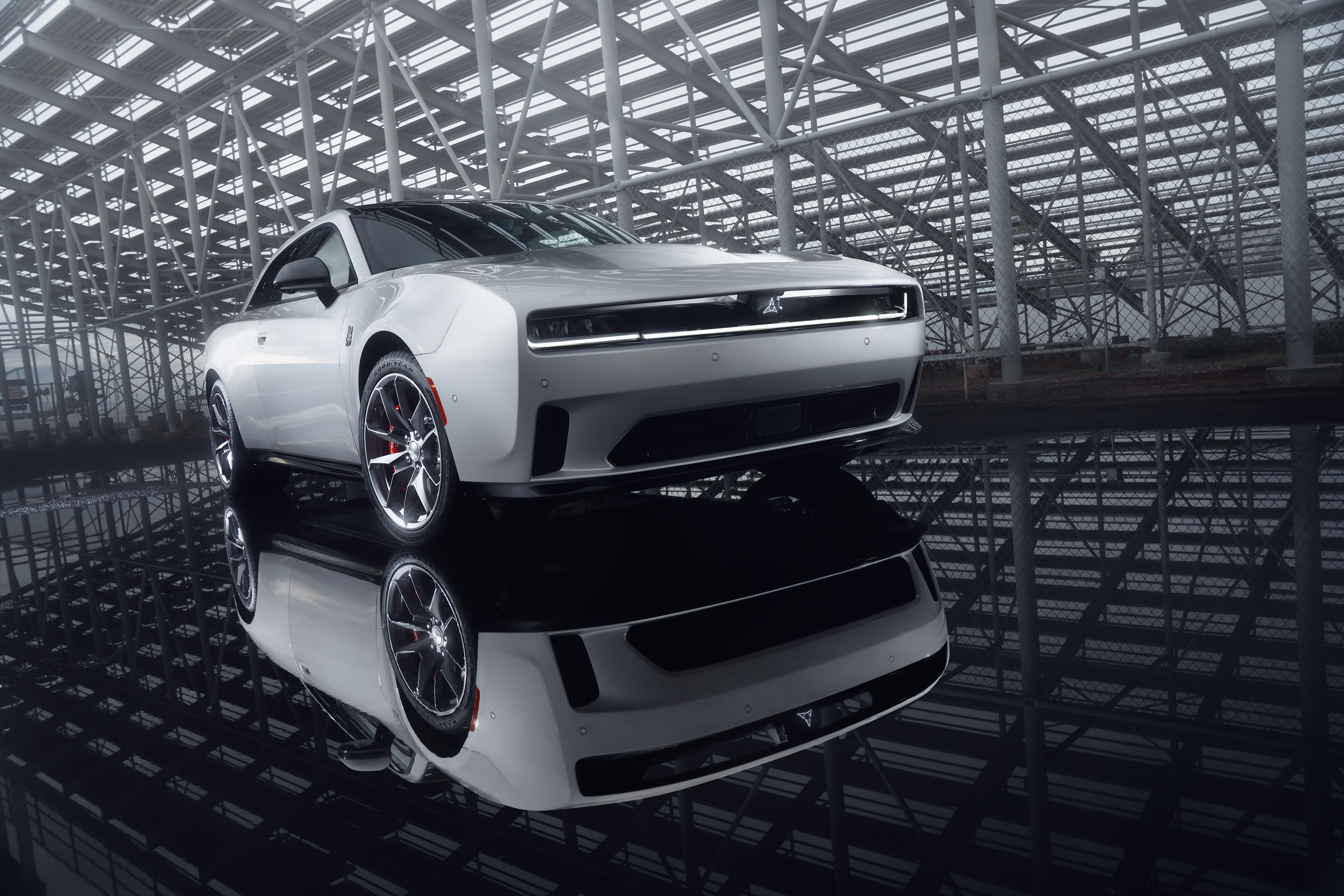 Front 3/4 view of a new Dodge Charger EV