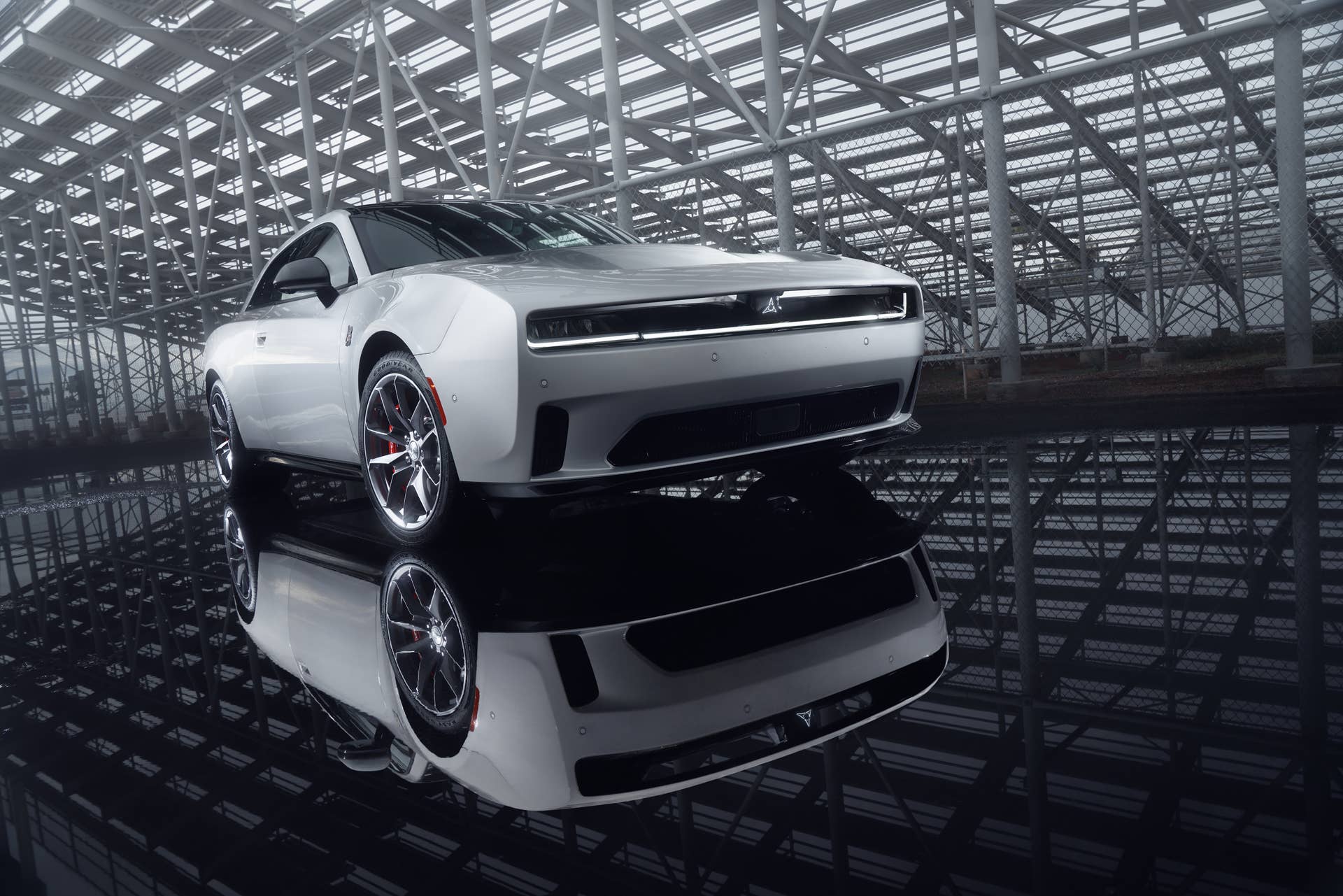 Front 3/4 view of a new Dodge Charger EV