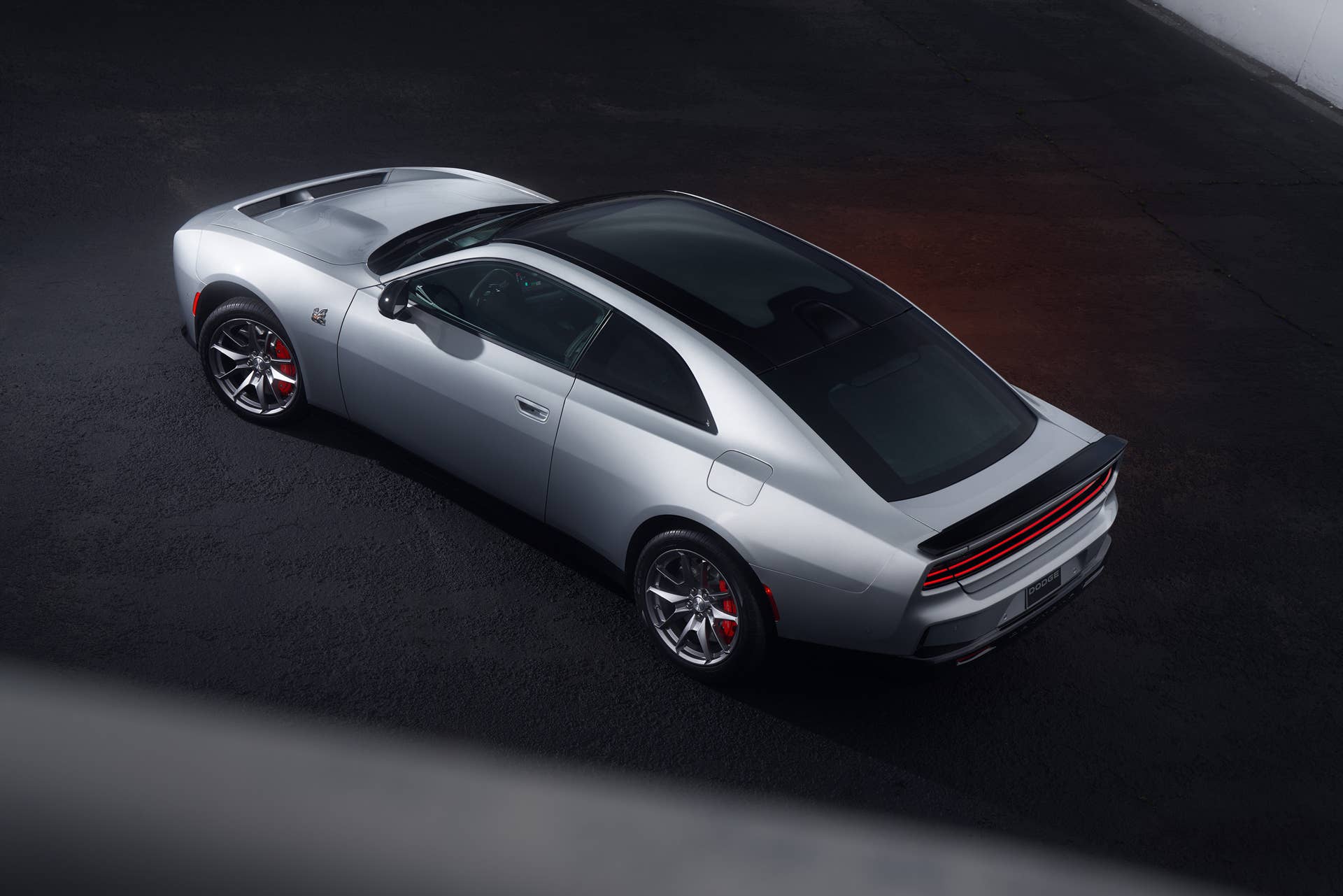 Top rear 3/4 view of a 2025 Dodge Charger EV