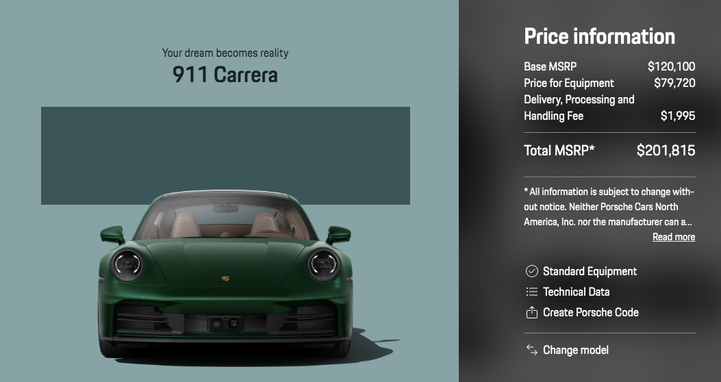 Porsche configurator price total information