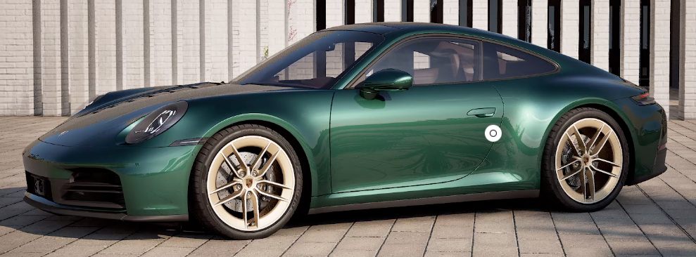 Porsche configurator front 3/4 view with door-opening icon