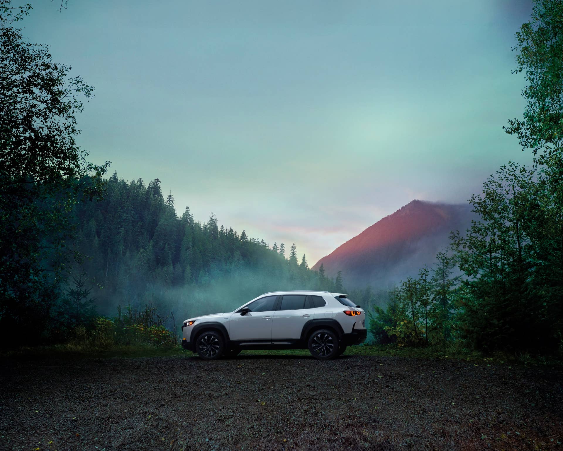 The Mazda CX-50 Hybrid in a foggy forest