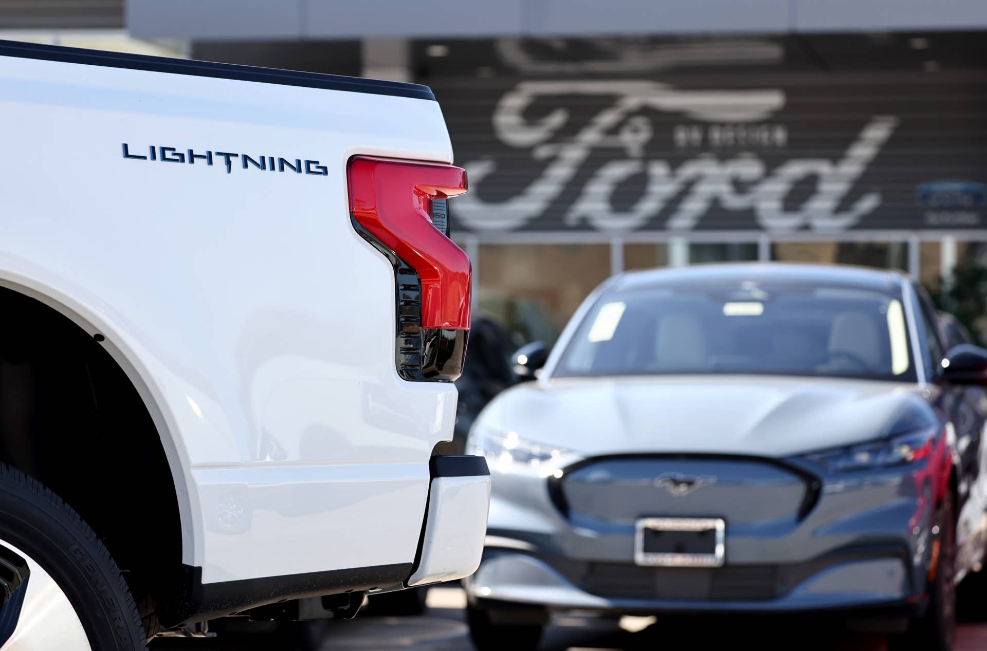 A Ford F-150 Lightning electric pickup truck is displayed for sale at a Ford dealership on August 21, 2024 in Glendale, California.