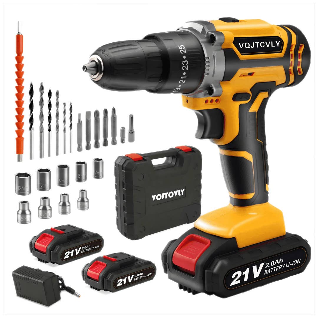 The Vqjtcvly Cordless Drill Set in Yellow is on sale right now at Walmart