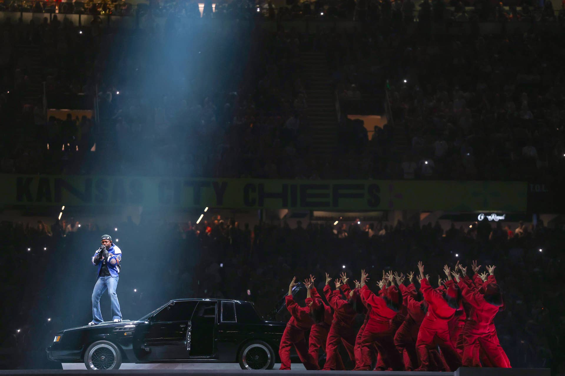 NEW ORLEANS, LOUISIANA - FEBRUARY 09: Kendrick Lamar performs onstage during Apple Music Super Bowl LIX Halftime Show at Caesars Superdome on February 09, 2025 in New Orleans, Louisiana.  (Photo by Jamie Squire/Getty Images)