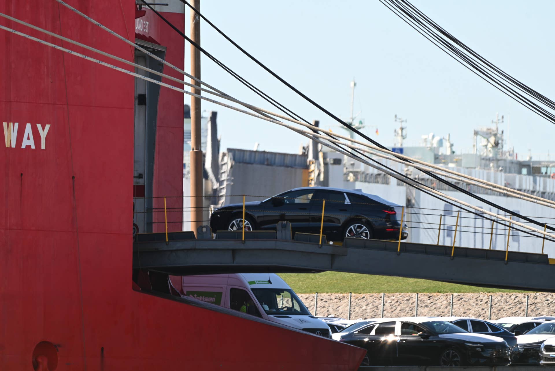 Cars from the Volkswagen Group driven onto a transporter for export