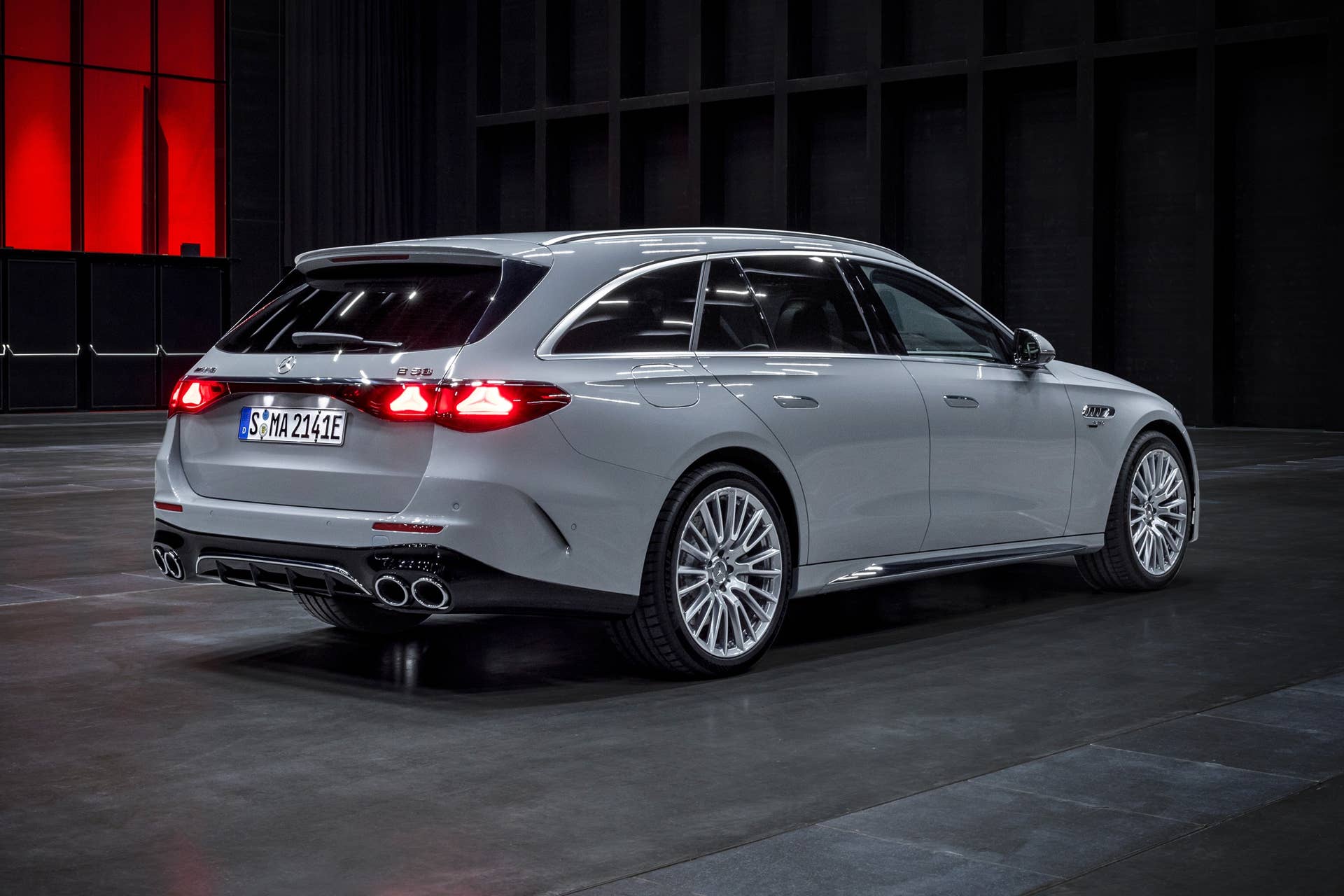 2026 Mercedes-AMG E 53 Hybrid Wagon in gray rear angled view