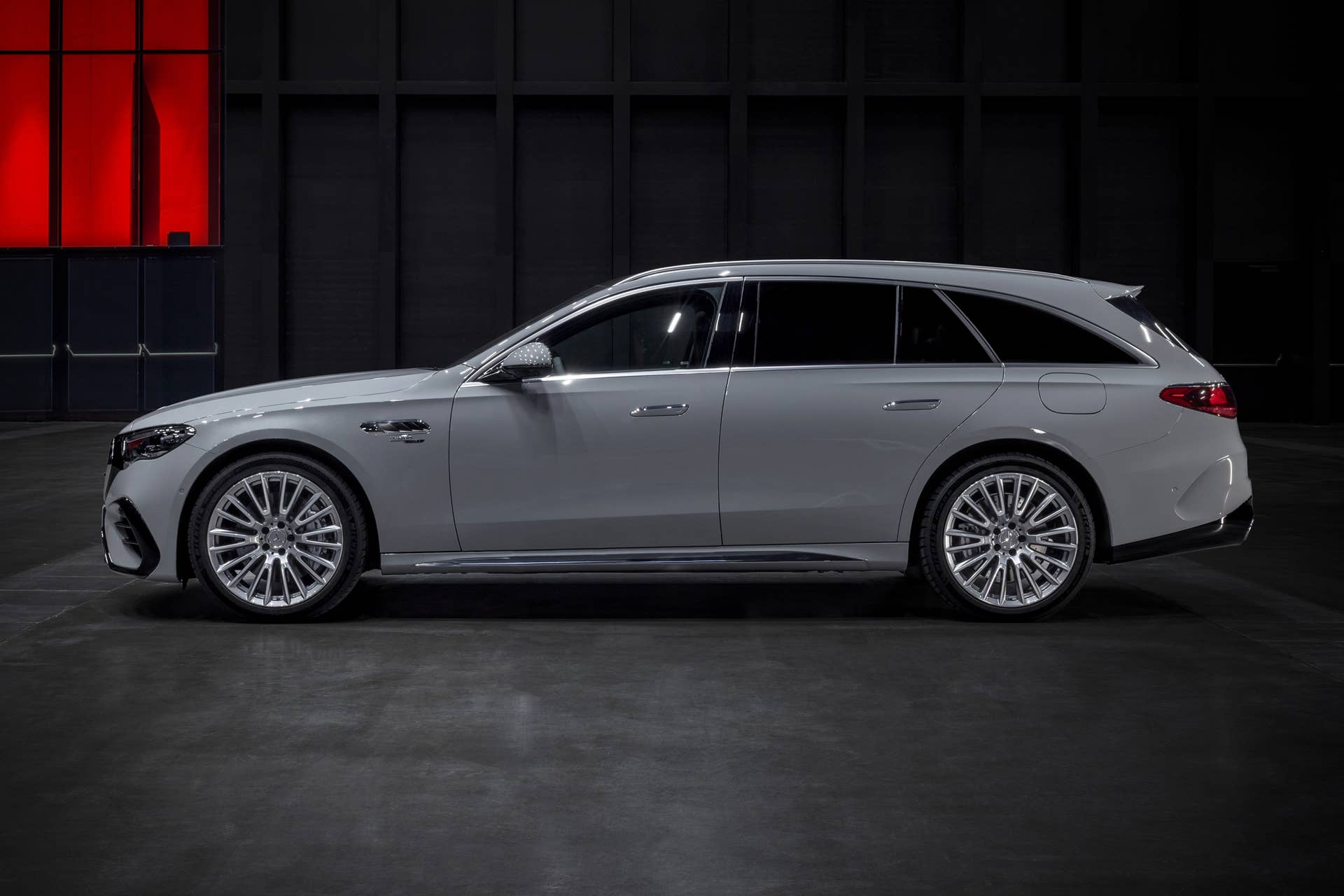 2026 Mercedes-AMG E 53 Hybrid Wagon in gray side view