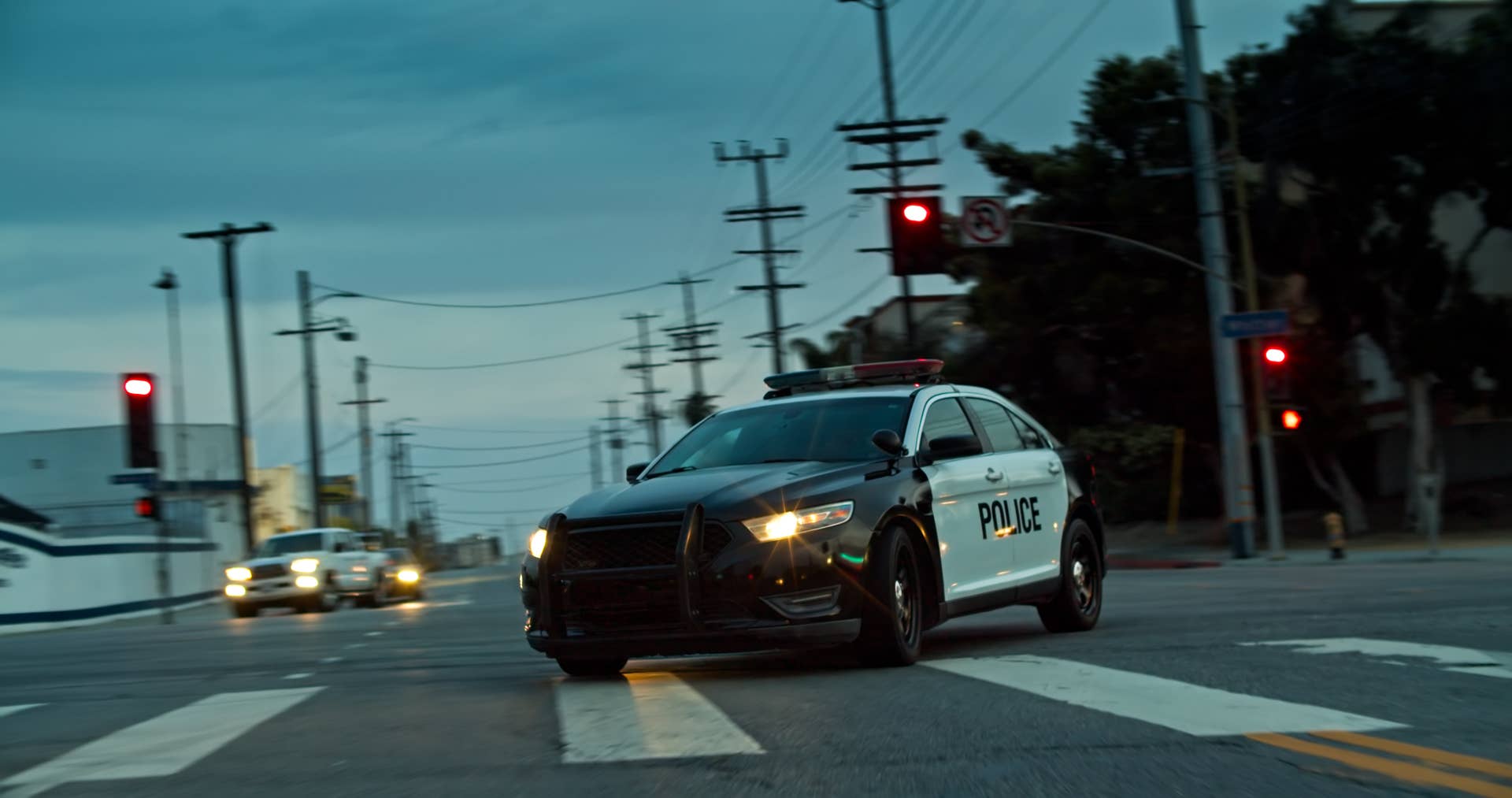 Police car driving in downtown Los Angeles, California.