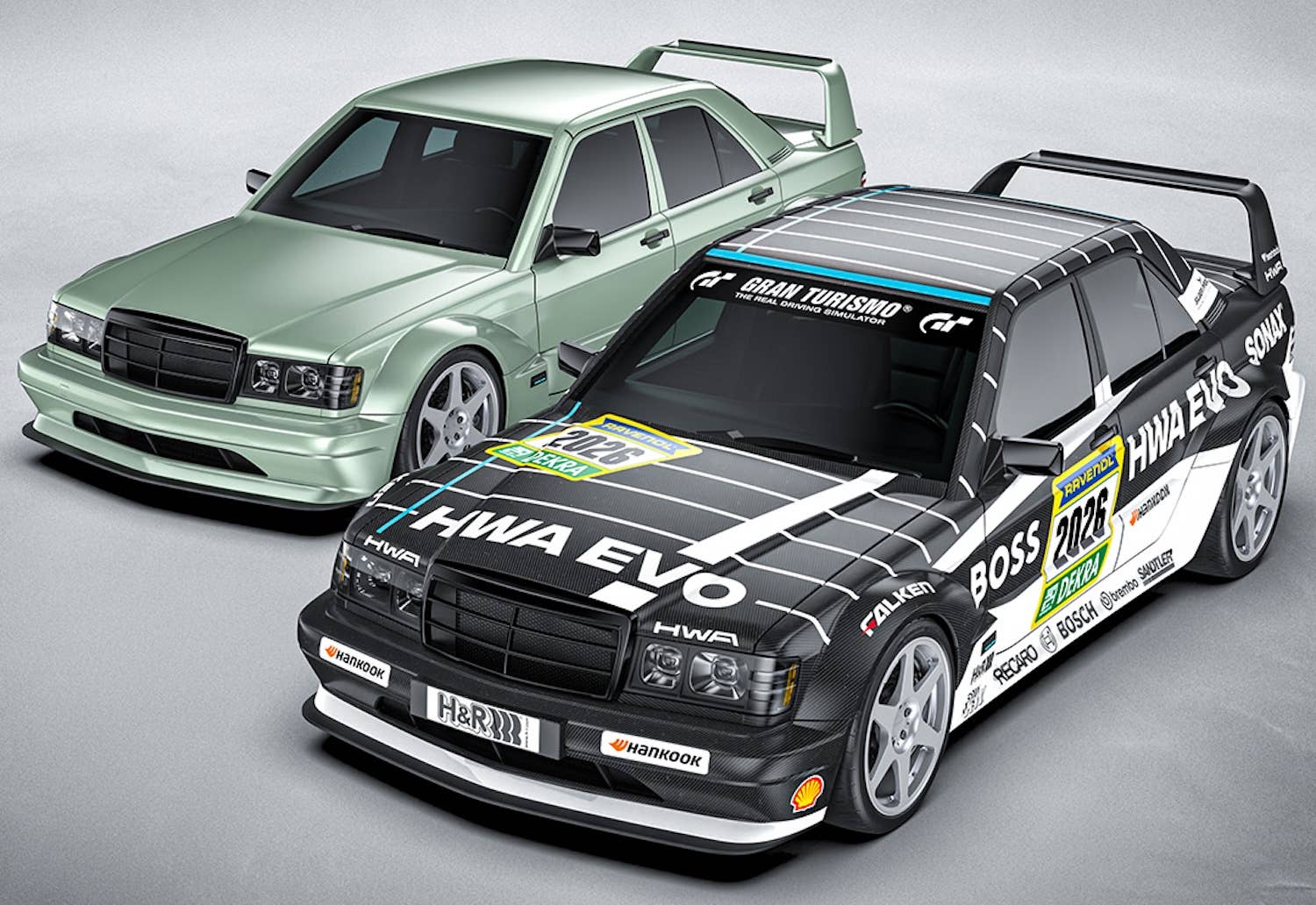 HWA Evo Mercedes-Benz 190E Restomod front quarter pair beauty shot