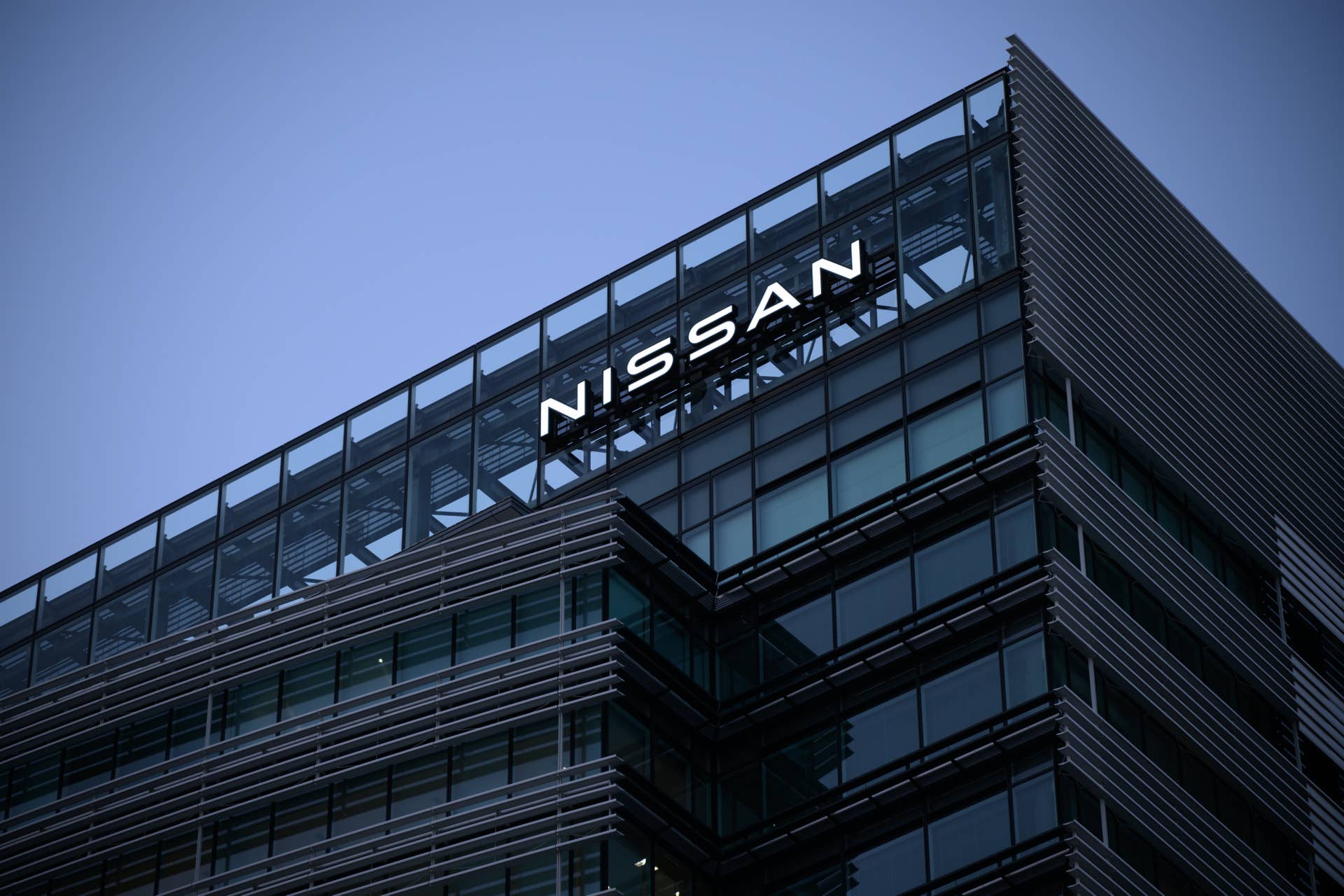 Signage atop the Nissan Motor Co. global headquarters in Yokohama, Japan