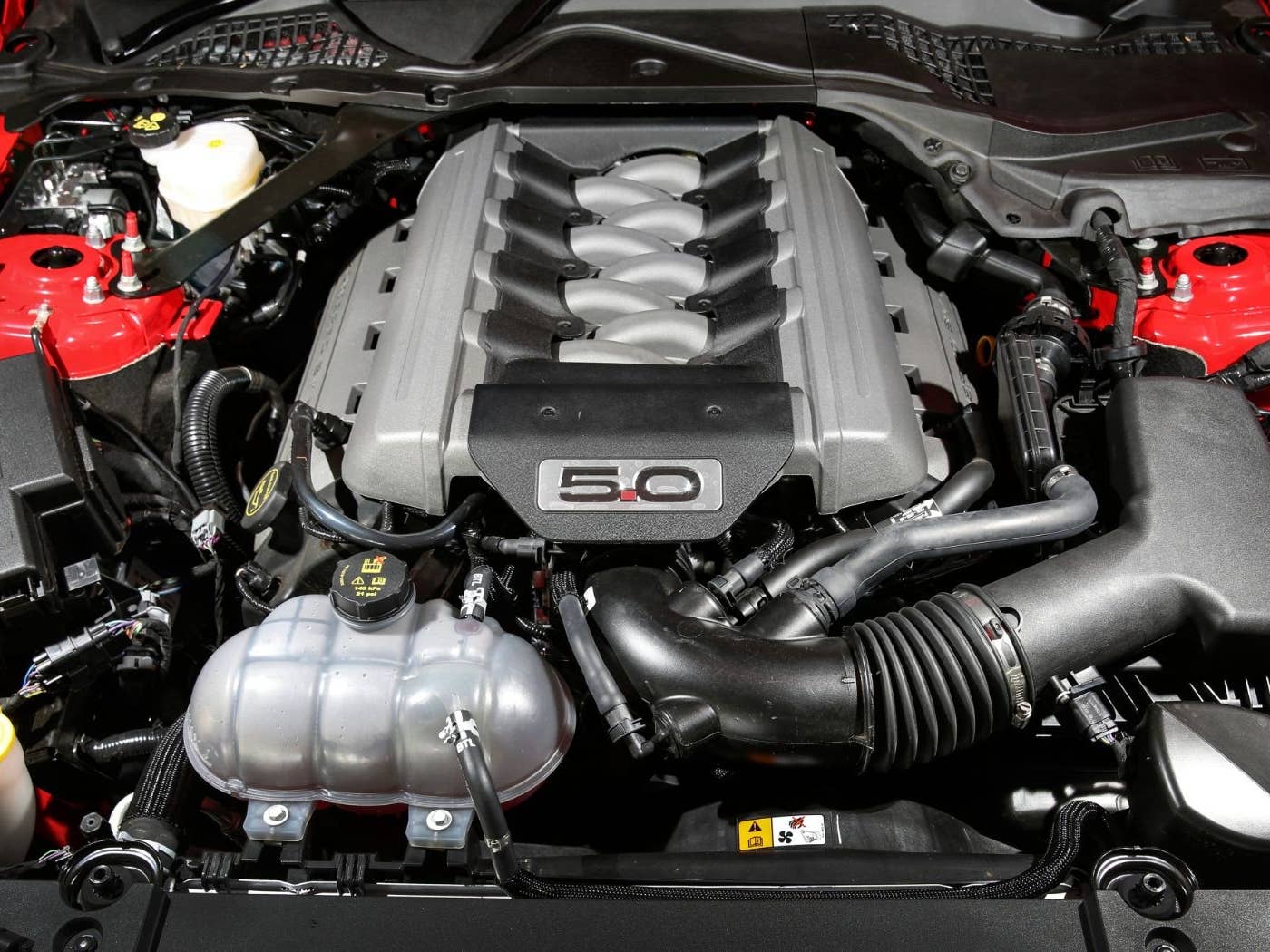 Ford Coyote V8 engine inside the hood
