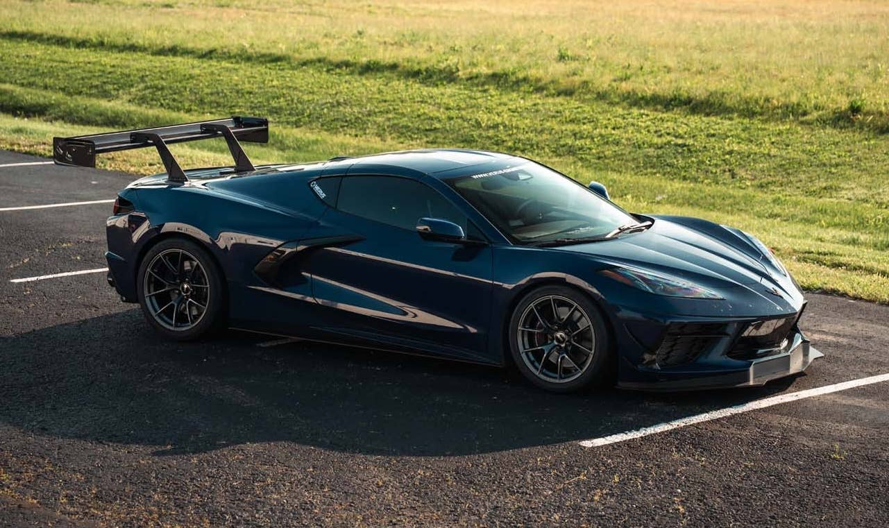 Chevrolet Corvette Stingray C8 with Massive Wing by Verus Engineering front quarter beauty shot