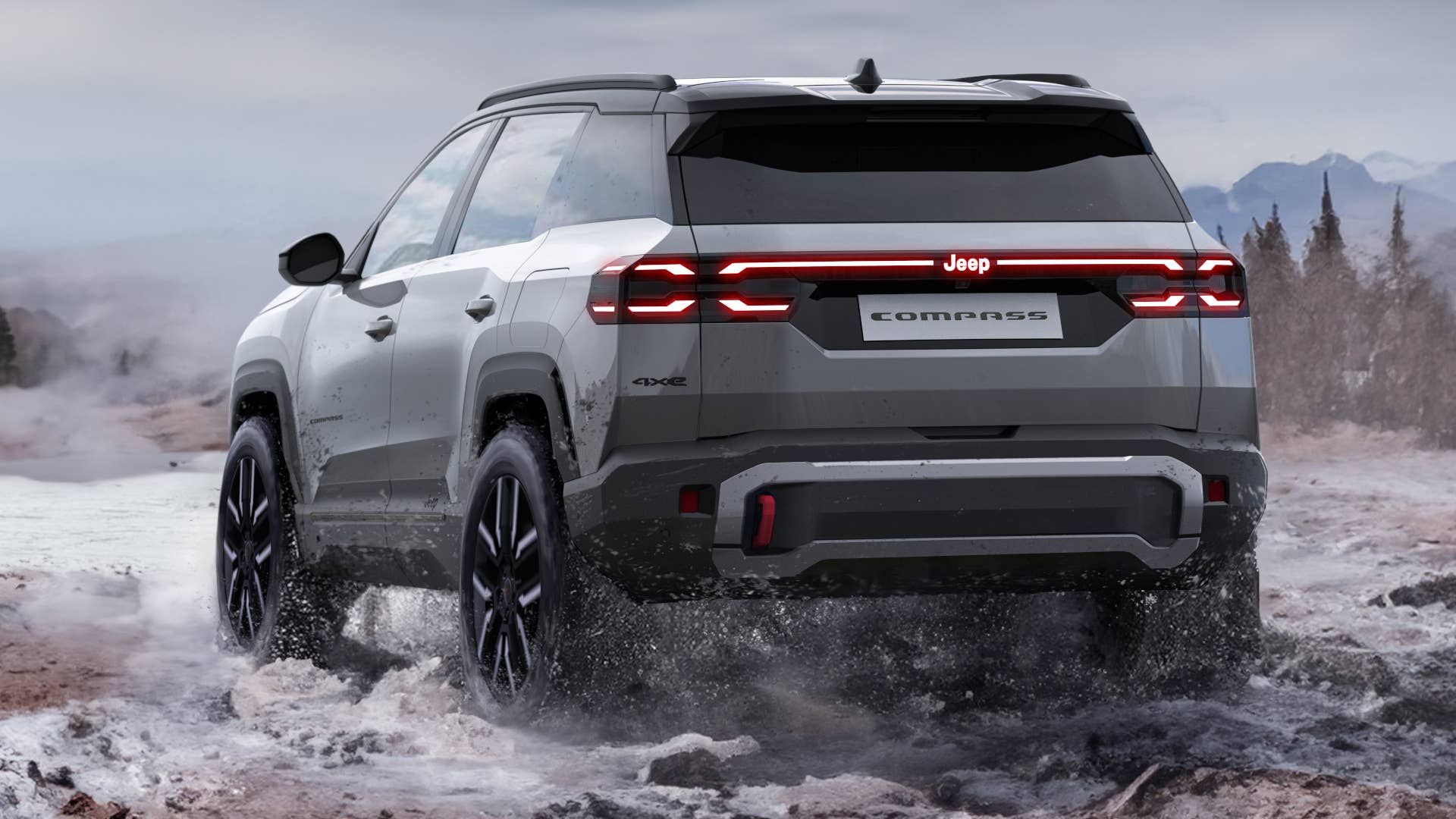 2026 Jeep Compass 4xe gray rear angled view water driving