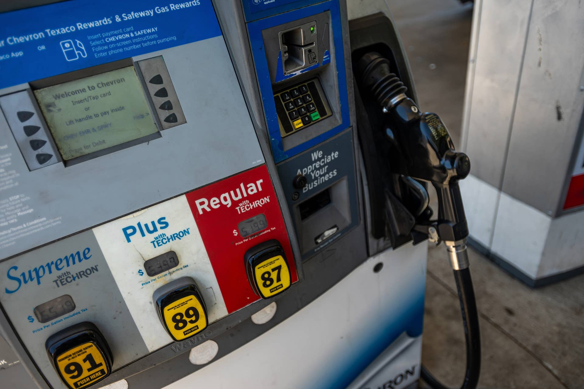 A fuel pump at a Chevron gas station