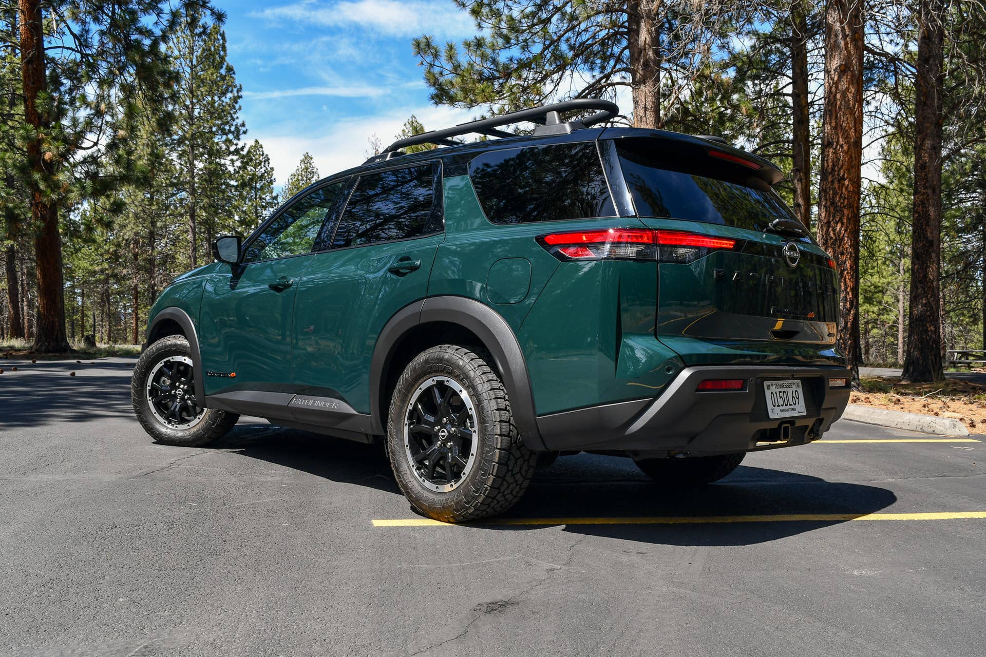The rear quarter of the 2025 Nissan Pathfinder Rock Creek