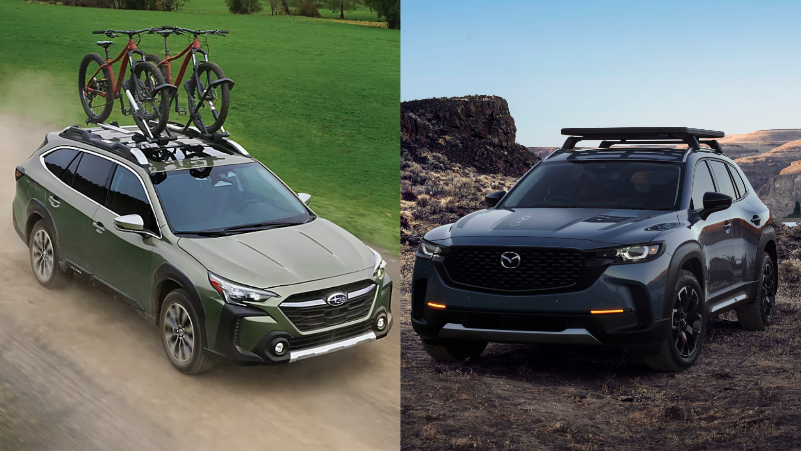 The 2025 Subaru Outback next to the 2025 Mazda CX-50