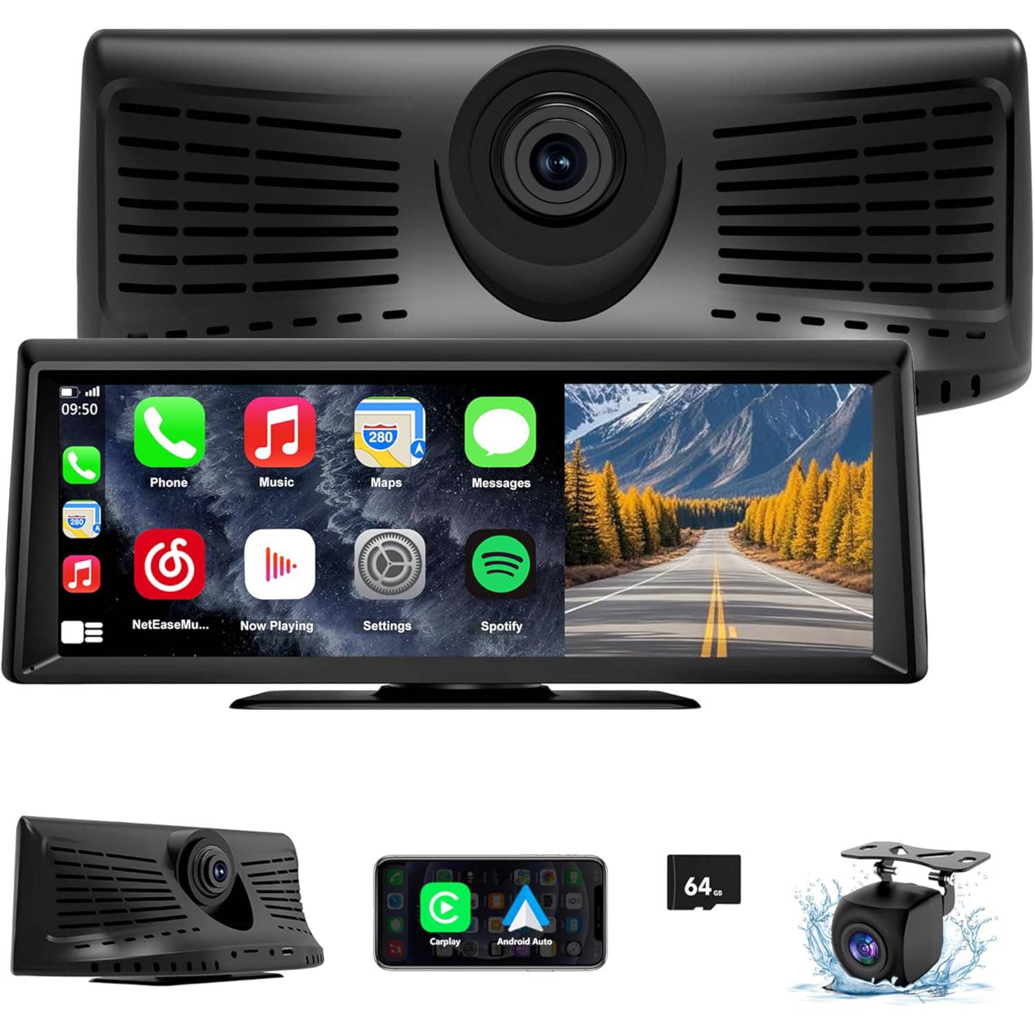 Apenet Wireless Apple CarPlay Screen with 2K Dash Cam