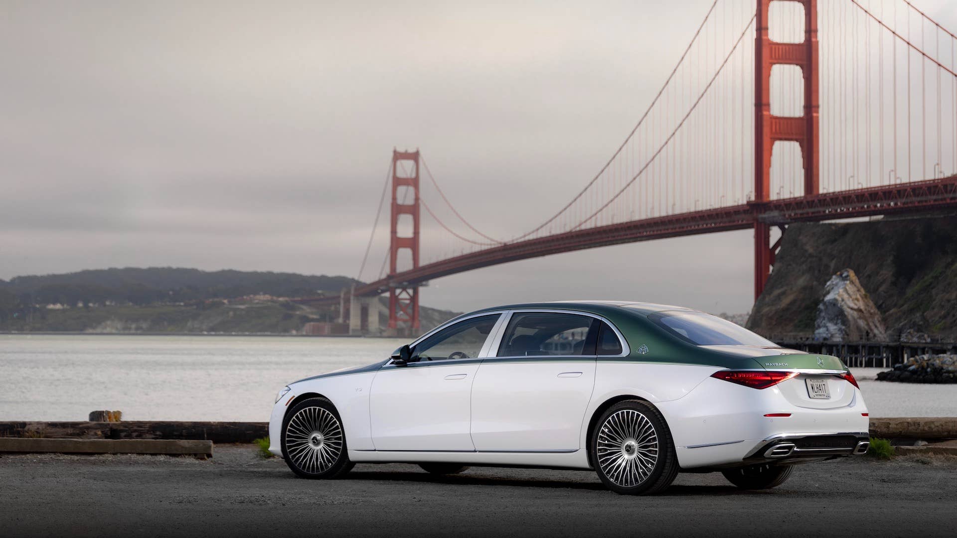 2026 Mercedes-Maybach S 680 Edition Emerald Isle in Mid Ireland Green and Moonlight White rear angled view