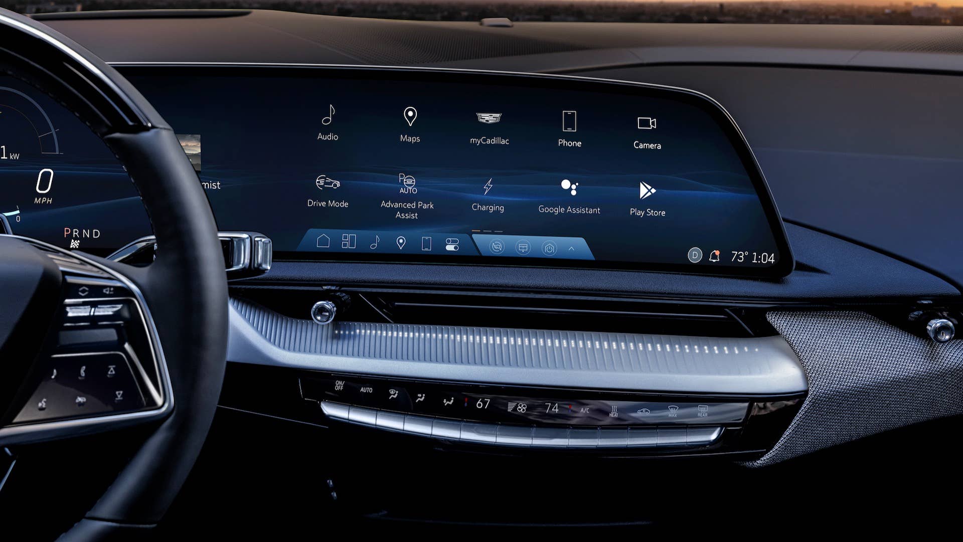 Close-up of the 2025 Cadillac OPTIQ’s 33-inch-diagonal interface and display with 9K resolution.