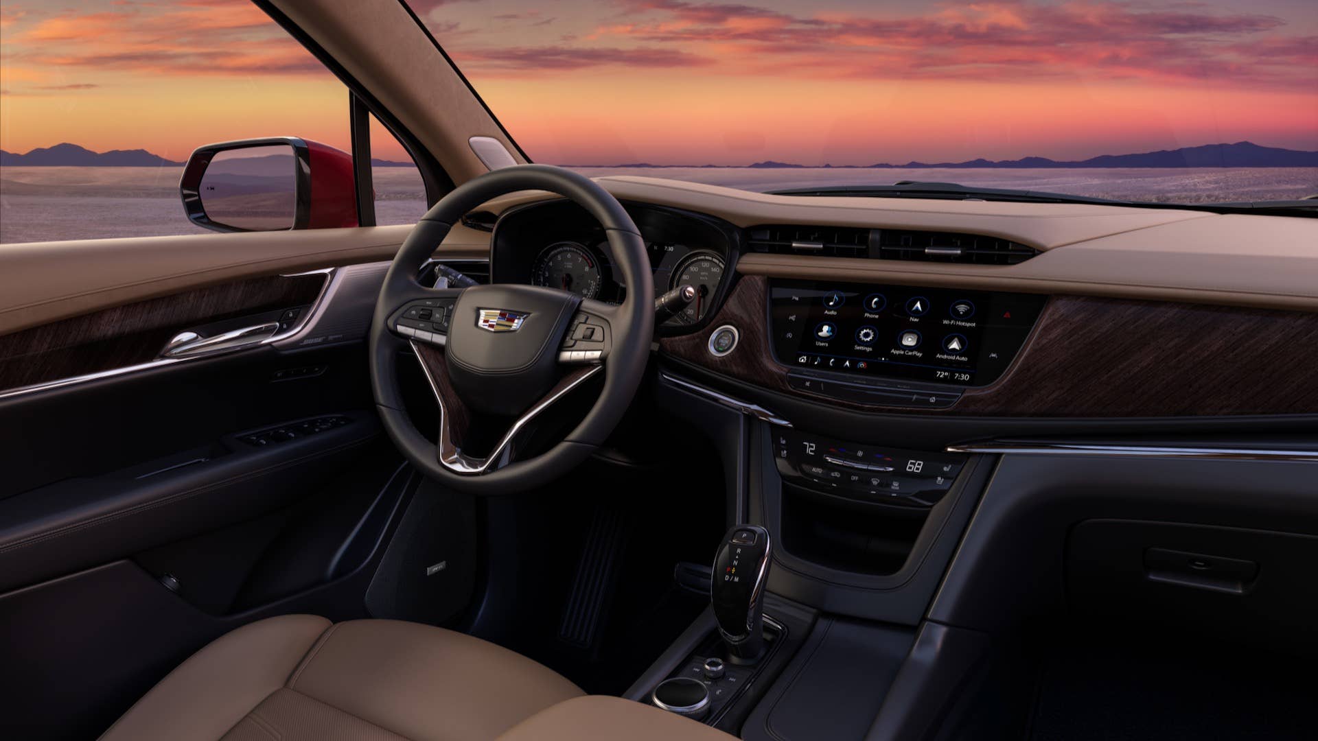 Interior of the 2025 Cadillac XT6, highlighting the infotainment and connectivity system, including Wireless Apple CarPlay® and Android Auto™ capabilities, Wi-Fi® Hotspot capabilities, and more.