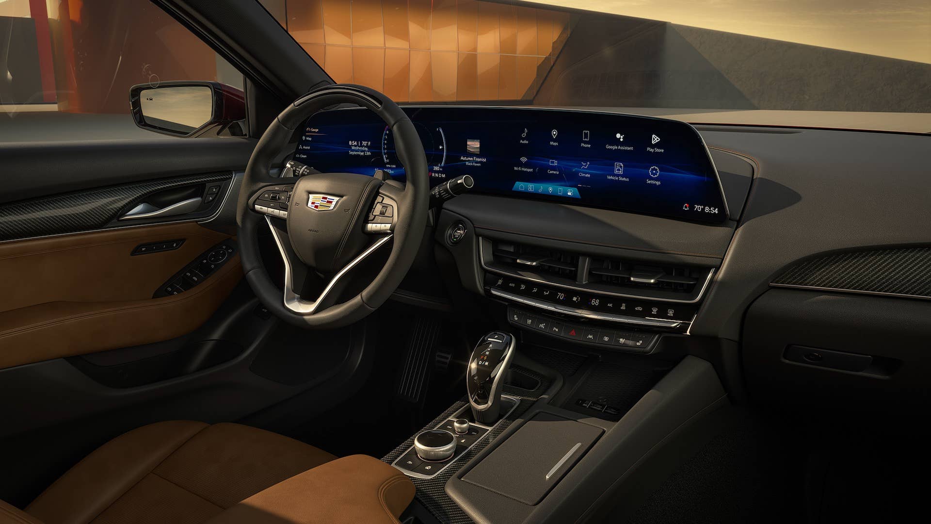 Passenger-side view of the 2026 Cadillac CT5 Premium Luxury interior and virtual cockpit with 33-inch-diagonal display.
