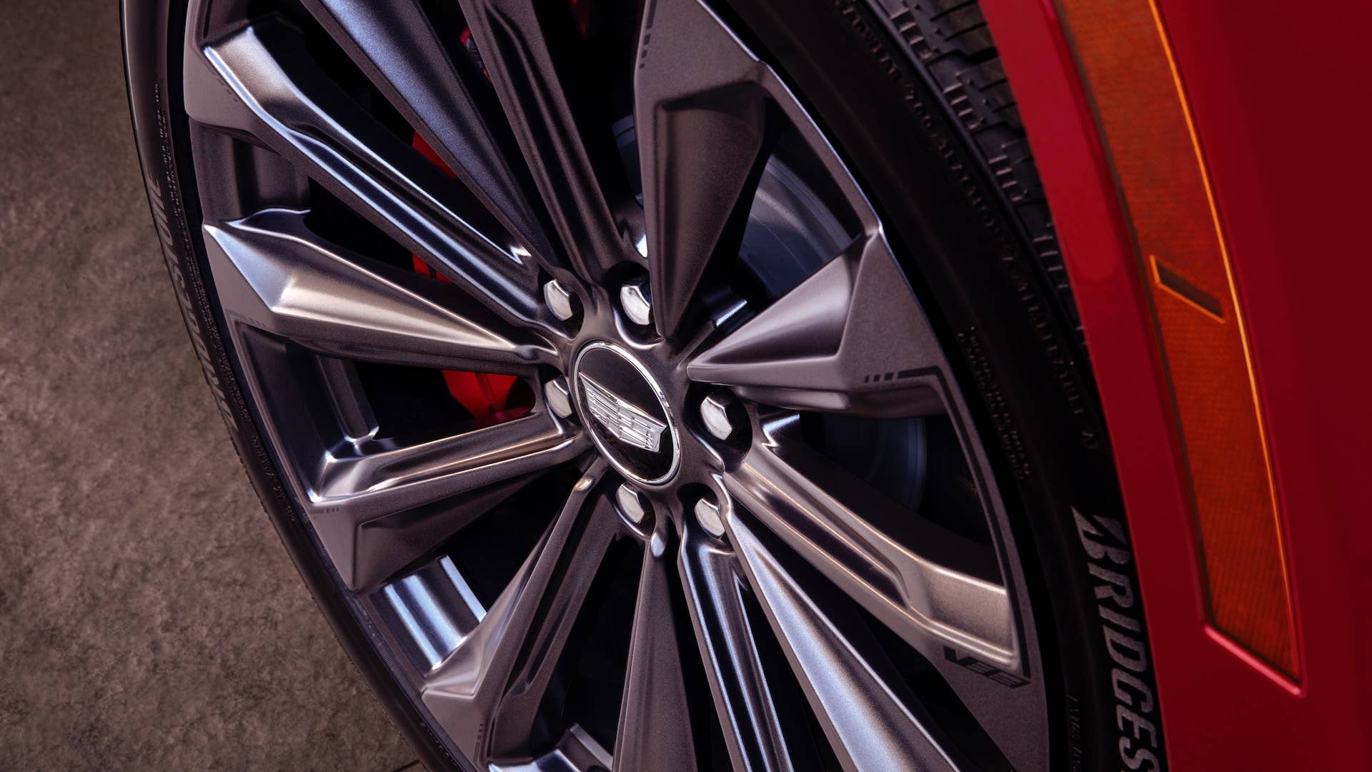 Close-up view of the 2025 Cadillac Escalade-V’s wheel and tire.