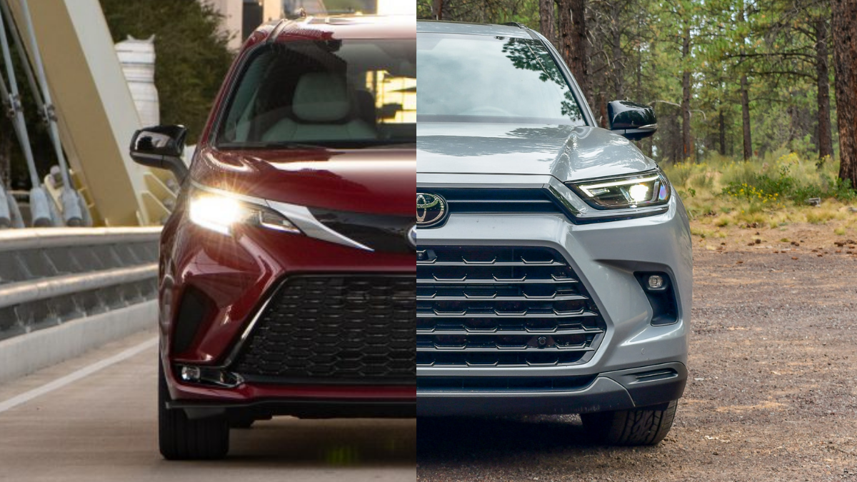 The front ends of the 2025 Toyota Sienna and Grand Highlander Hybrid