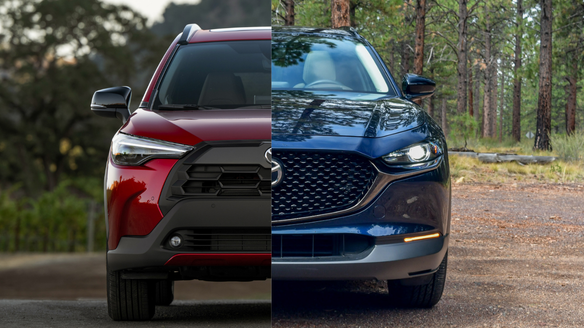 The front end of the 2025 Mazda CX-30 with the Toyota Corolla Cross