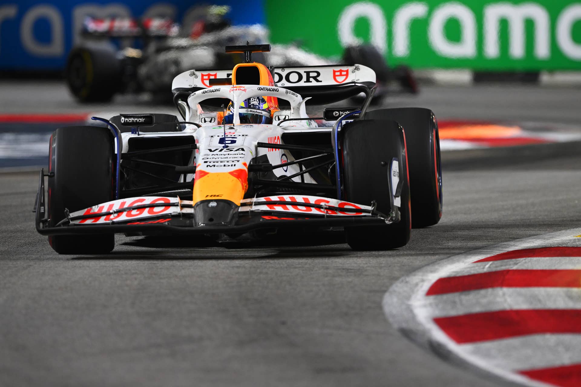 Isack Hadjar of France driving the (6) Visa Cash App Racing Bulls VCARB 02 on track during to the F1 Grand Prix of Singapore at Marina Bay Street Circuit on October 05, 2025 in Singapore, Singapore.