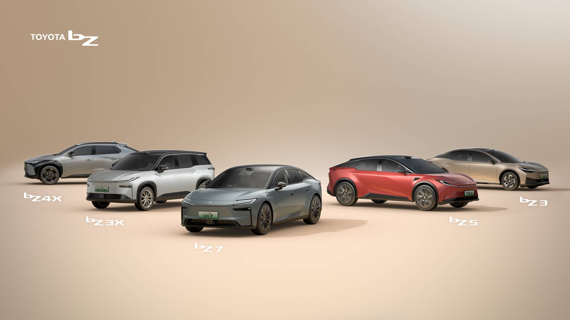 Silver Toyota bz4X parked next to white bZ3X, grey bZ7, red bZ5 and gold bZ3