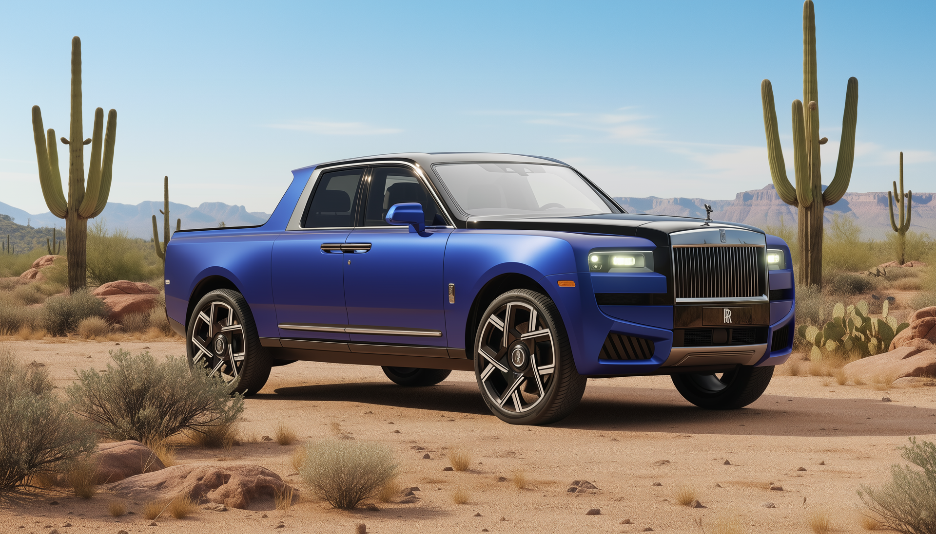 Blue Rolls-Royce pickup truck off-road in Arizona desert