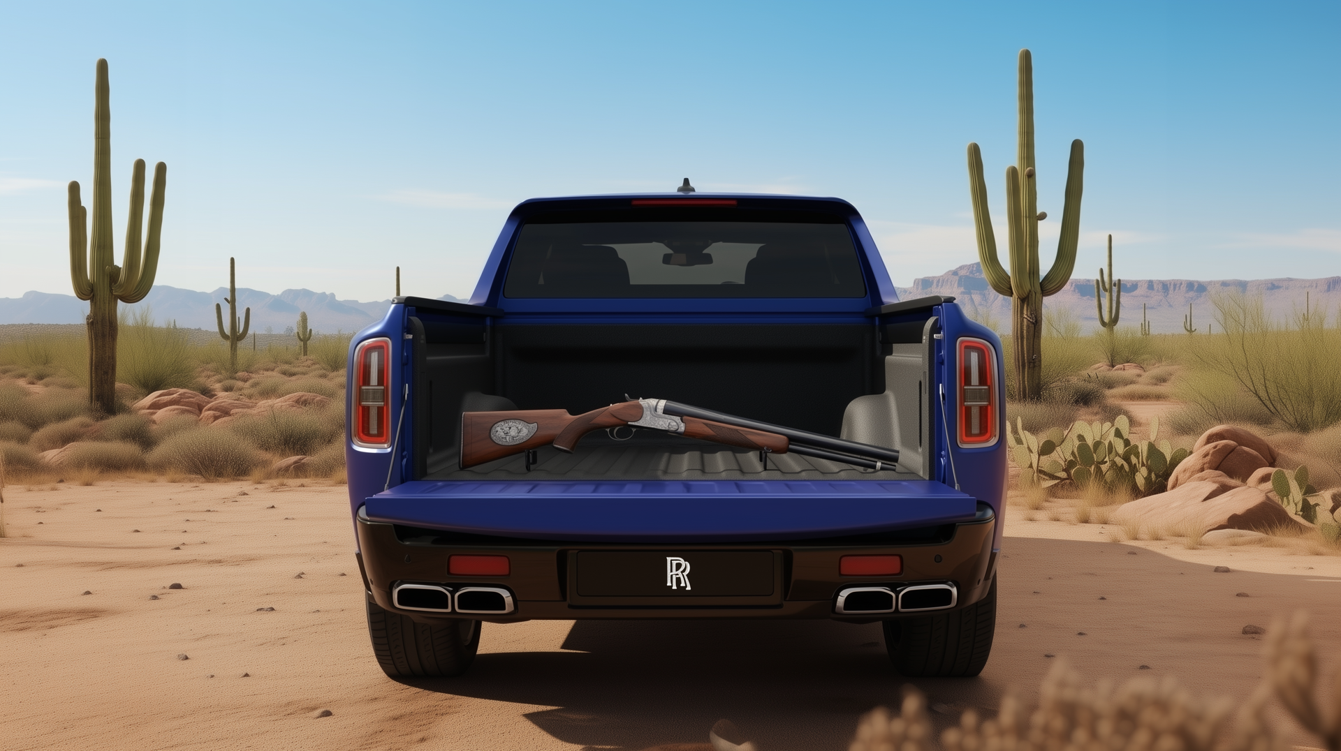 Blue Rolls-Royce pickup truck off-road in Arizona desert with shotgun
