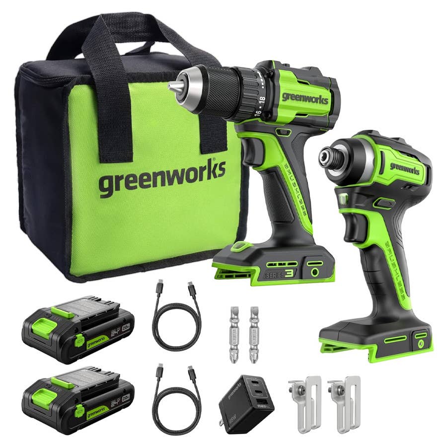 The Greenworks 24V Cordless Drill and Impact Driver Combo Kit is on sale now at Amazon.