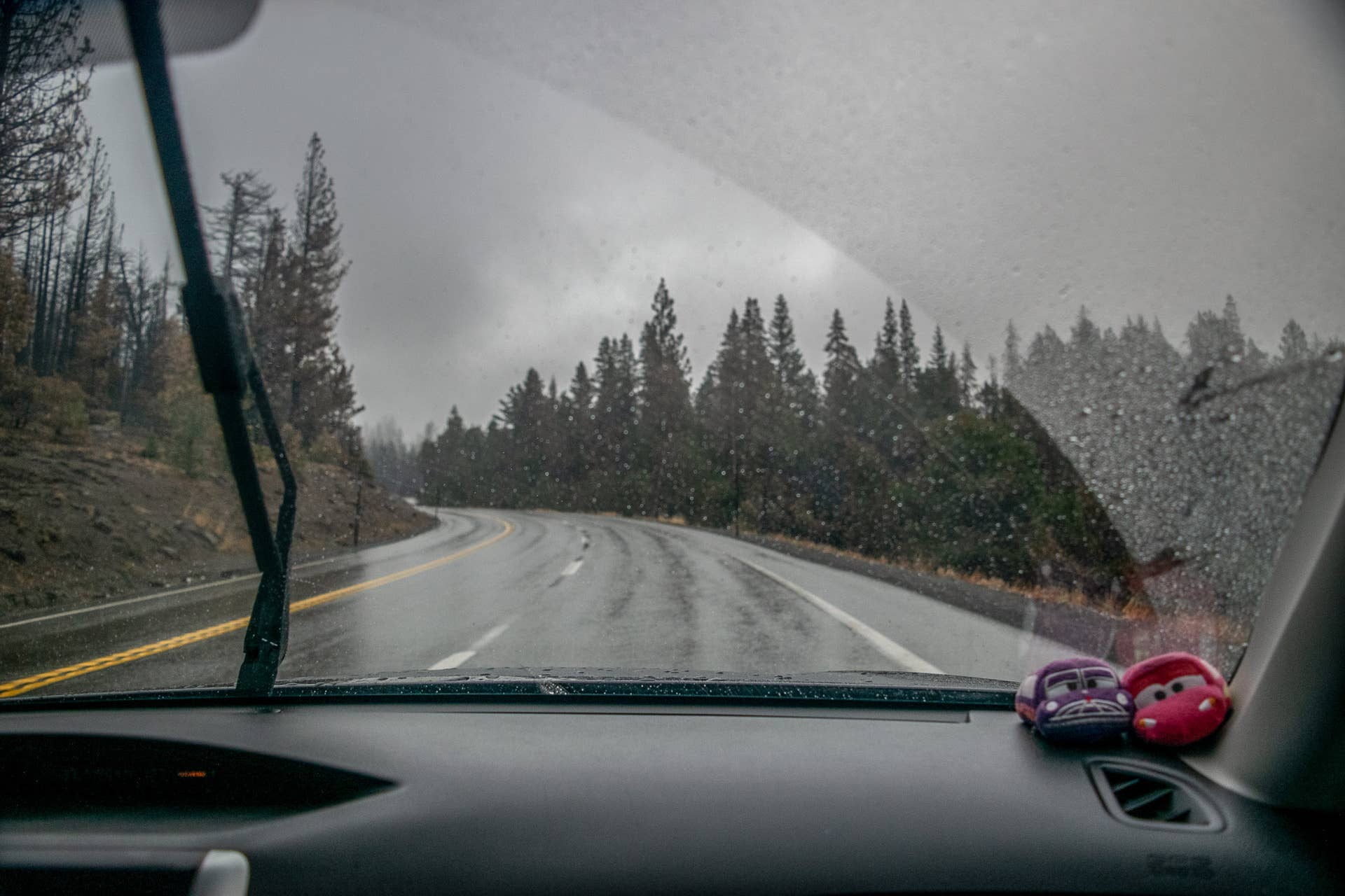 Driving in the rain through a mountain highway