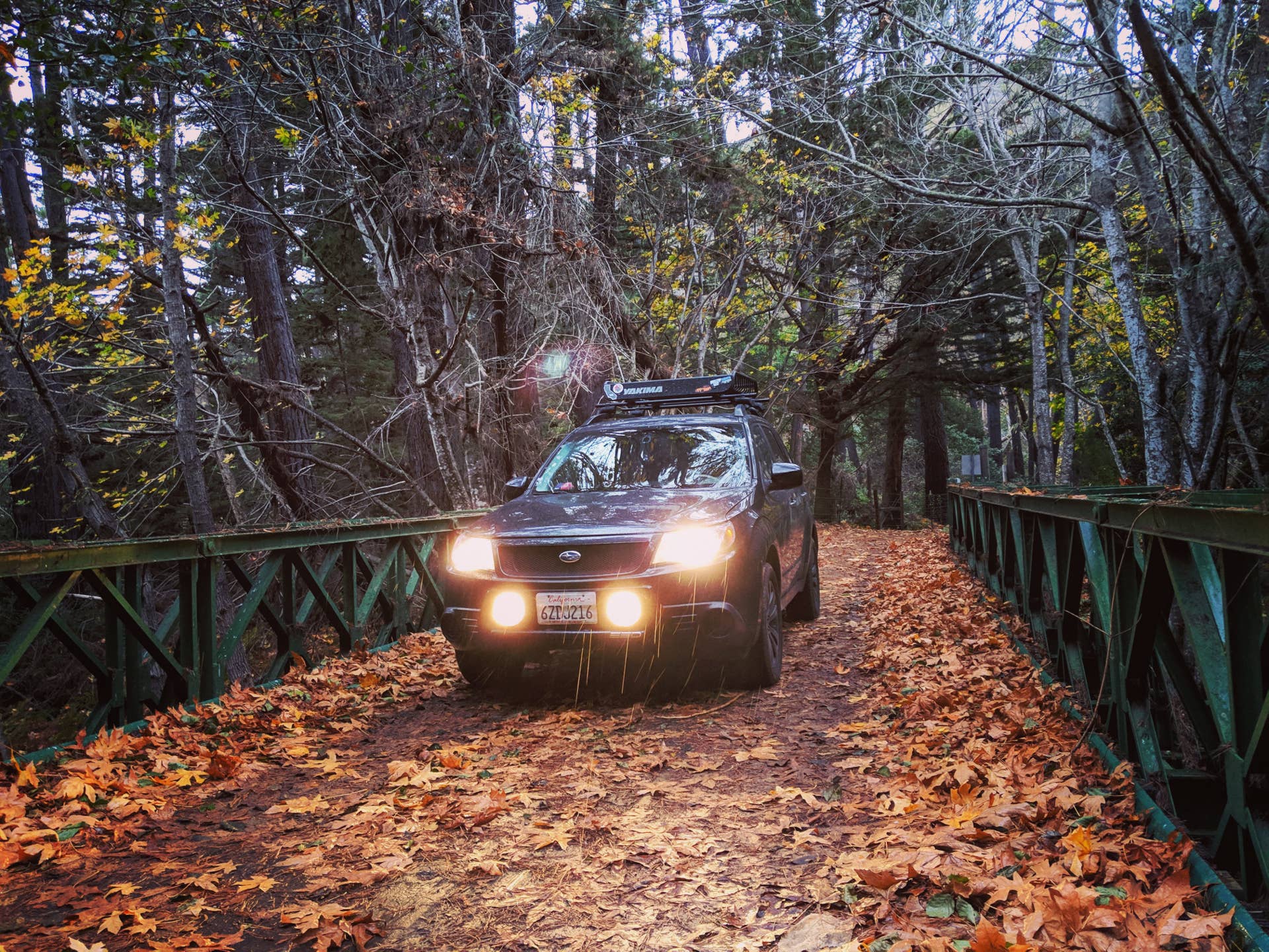 My Forester on a rainy bridge with the headlights on