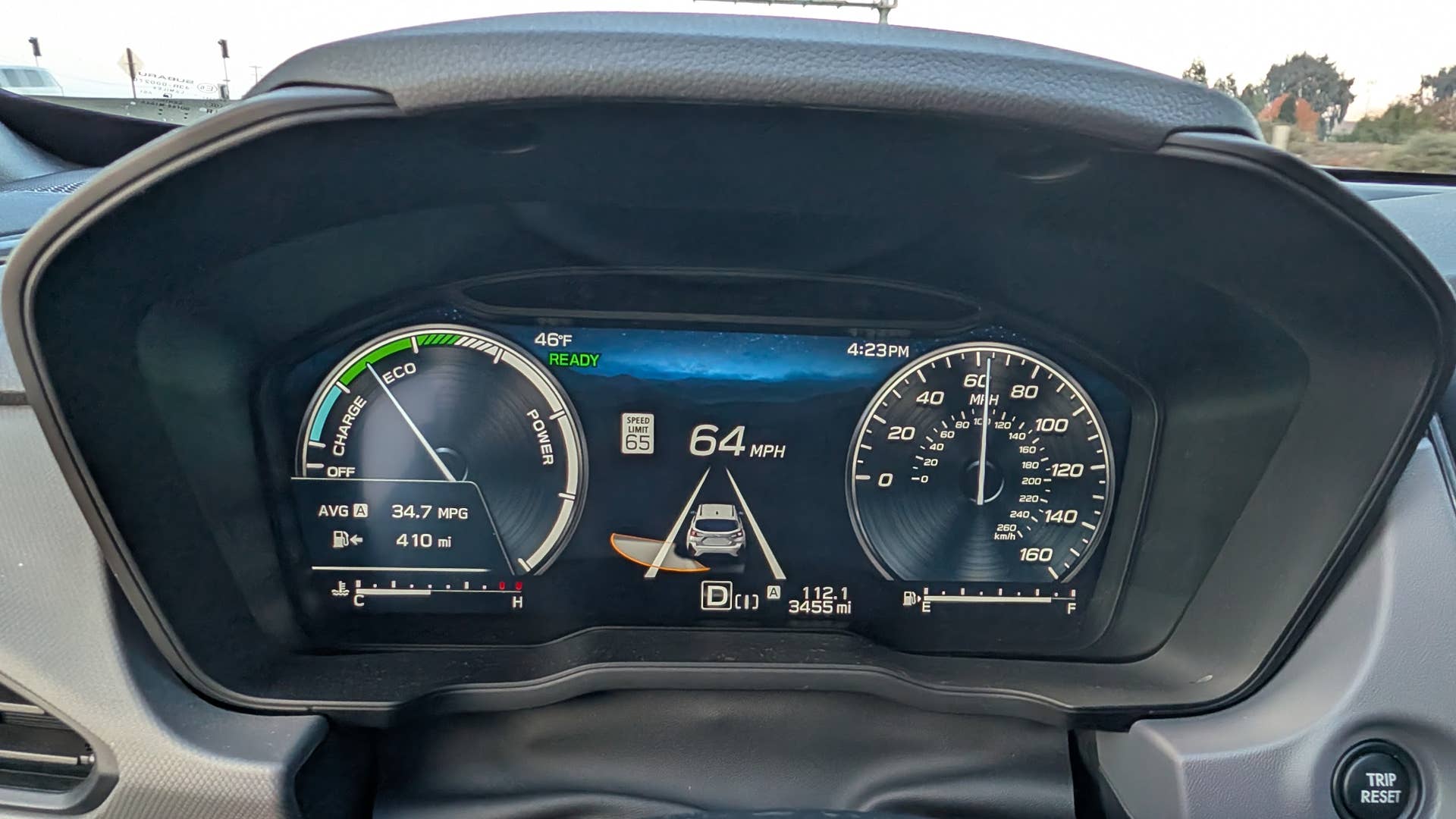 The driver information screen of the 2026 Subaru Crosstrek Sport Hybrid, showing the mileage