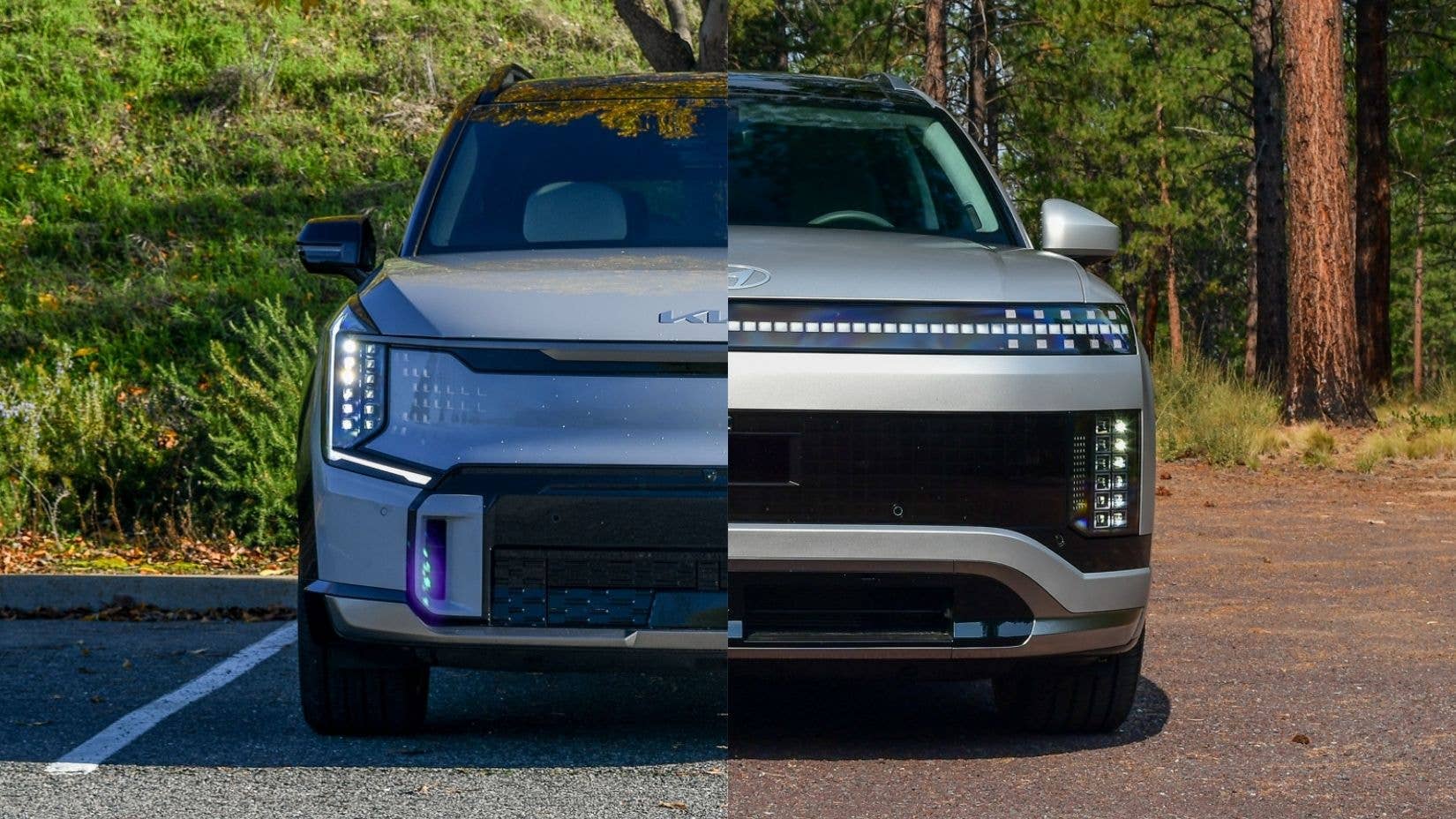 The front end of the 2026 Kia EV9 GT-Line Long Range AWD and the 2025 Hyundai IONIQ 9 Calligraphy Design AWD