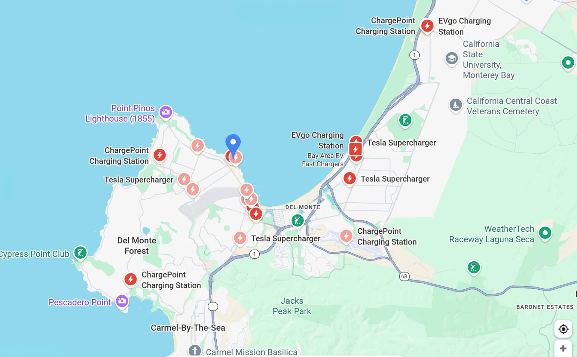 A screenshot of Google Maps showing the locations of EV chargers in the Monterey Peninsula, near the Monterey Bay Aquarium